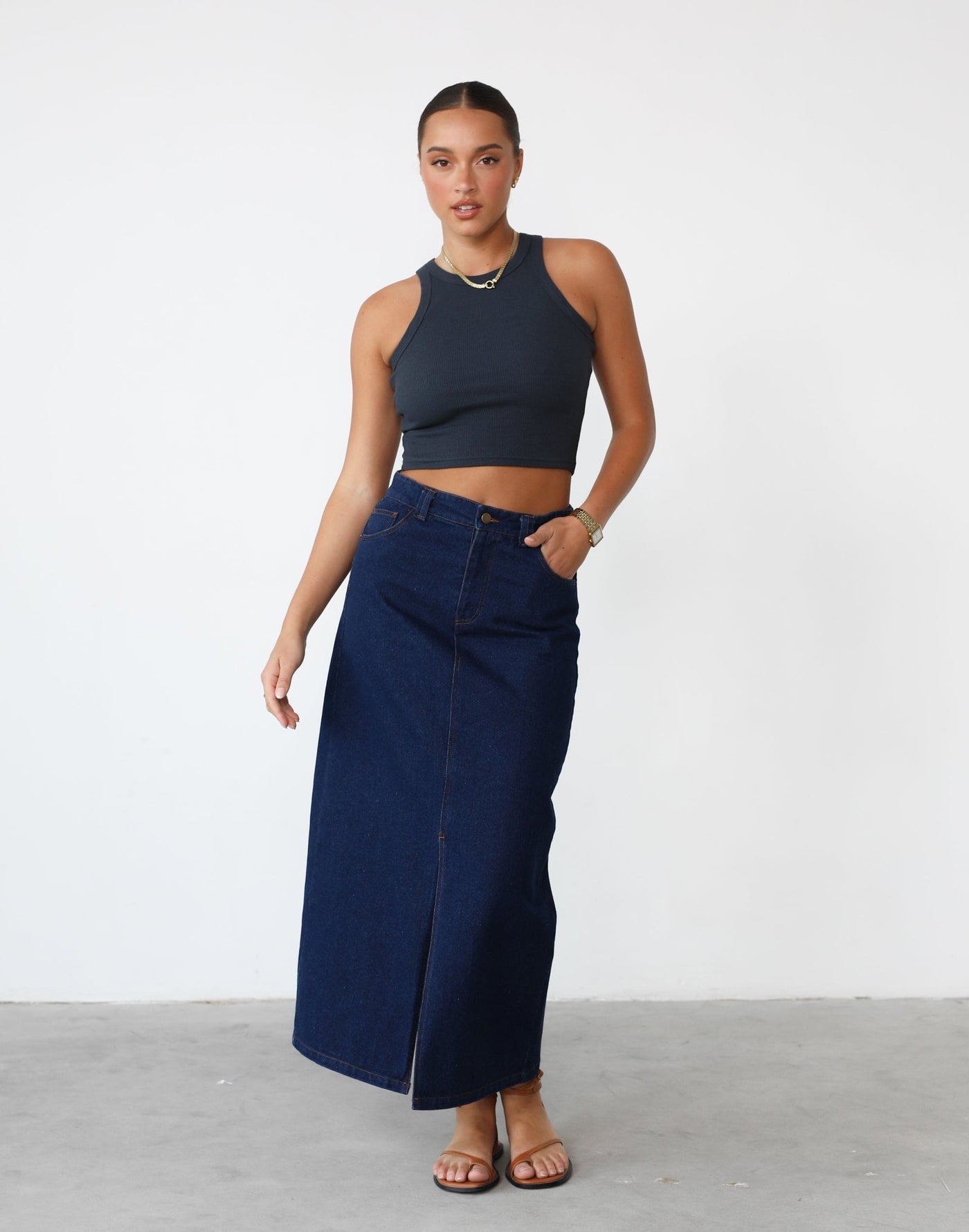 Kennedy Tank Top (Midnight Blue) - Basic Round Neck Crop Top - Women's Top - Charcoal Clothing