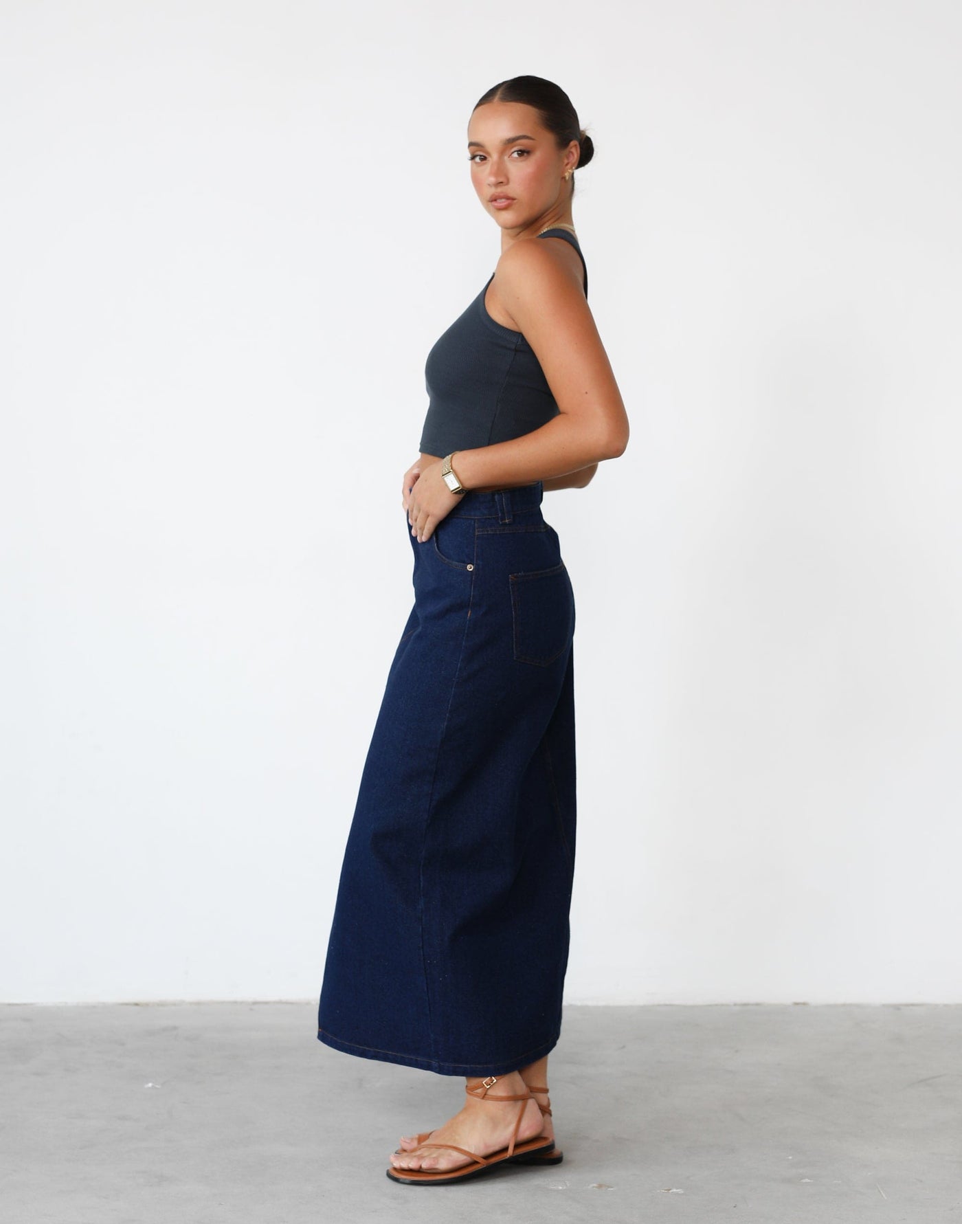 Kristie Denim Maxi Skirt (Dark Denim) - Split on Front Denim Maxi Skirt - Women's Skirt - Charcoal Clothing