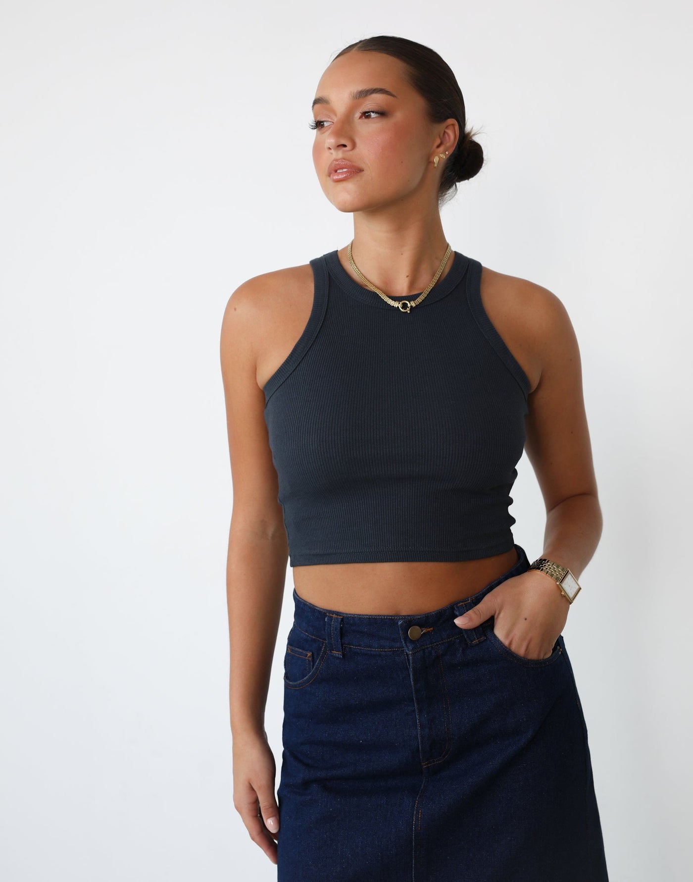 Kennedy Tank Top (Midnight Blue) - Basic Round Neck Crop Top - Women's Top - Charcoal Clothing
