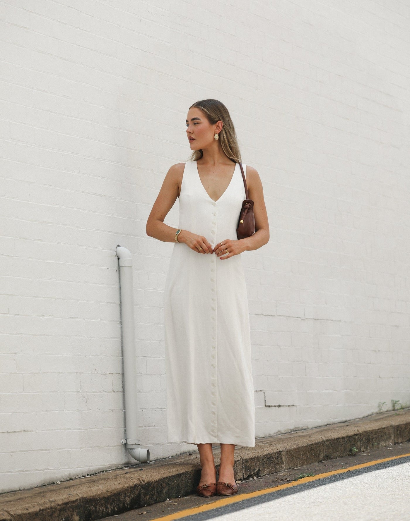 Cailey Maxi Dress (White) | CHARCOAL Exclusive - Button Closure V-Neckline Linen Blend Maxi Dress - Women's Dress - Charcoal Clothing