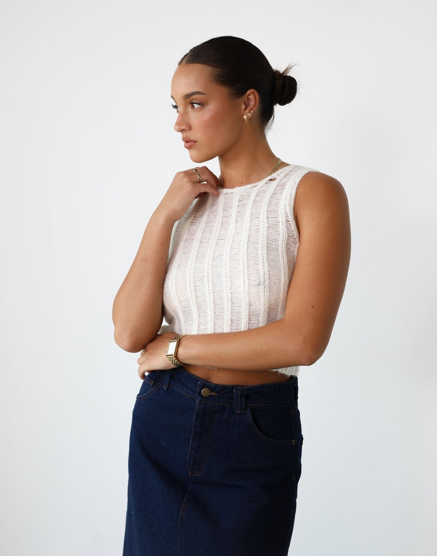 Azura Top (Off-White) - Distressed Knit Crop Top - Women's Top - Charcoal Clothing