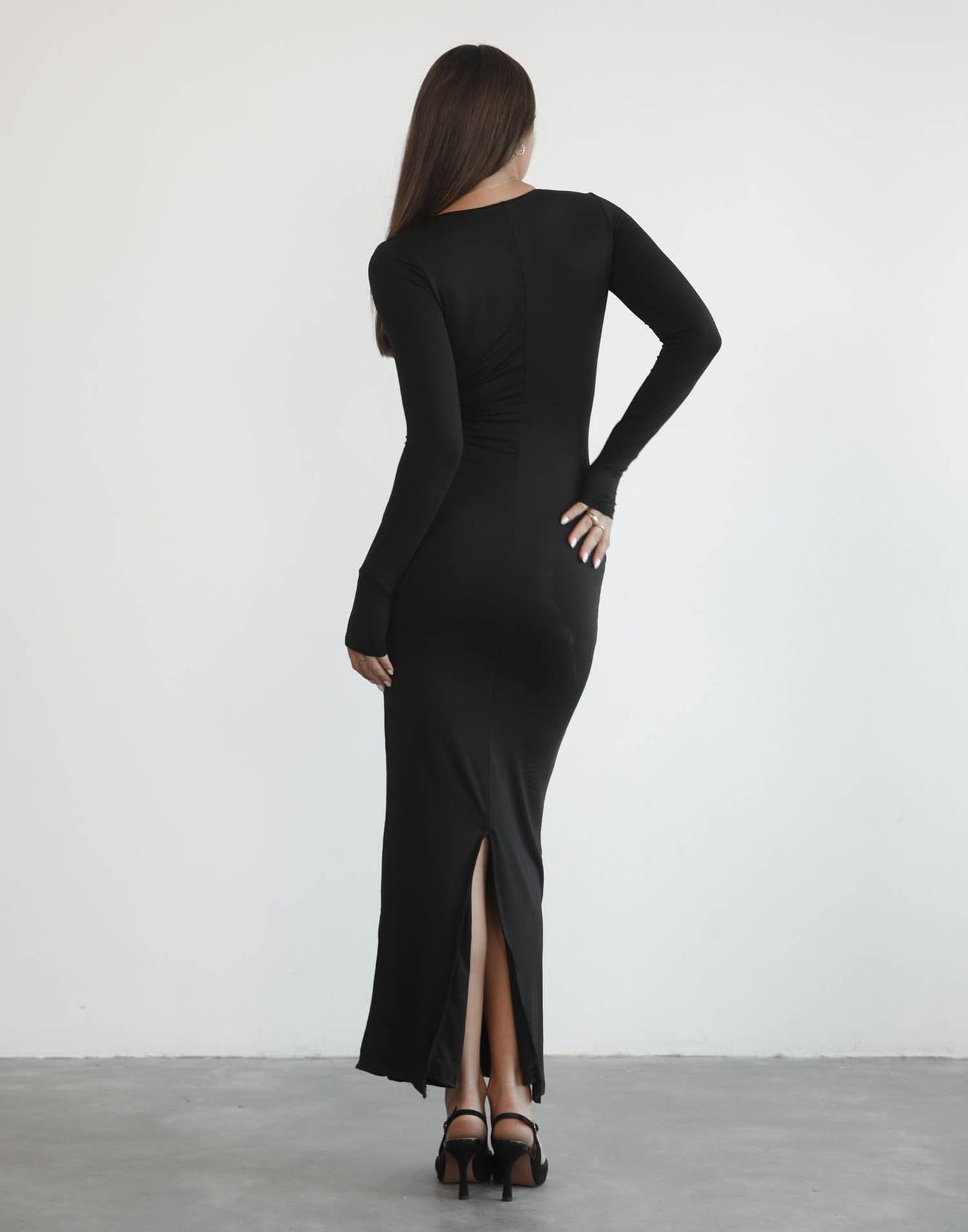 Athena Maxi Dress (Black) - Black Long Sleeve Deep Plunge Maxi Dress - Women's Dress - Charcoal Clothing