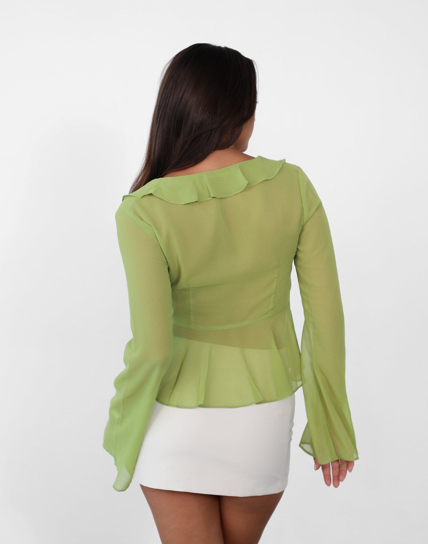 Leah Long Sleeve Top (Lime) - Sheer Tie Front Frill Detail Top - Women's Top - Charcoal Clothing