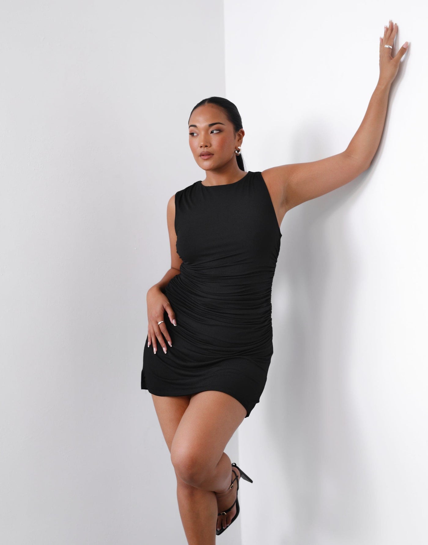 Behati Mini Dress (Black) | Charcoal Clothing Exclusive - Ruched Detail High Neck Bodycon Mini Dress - Women's Dress - Charcoal Clothing