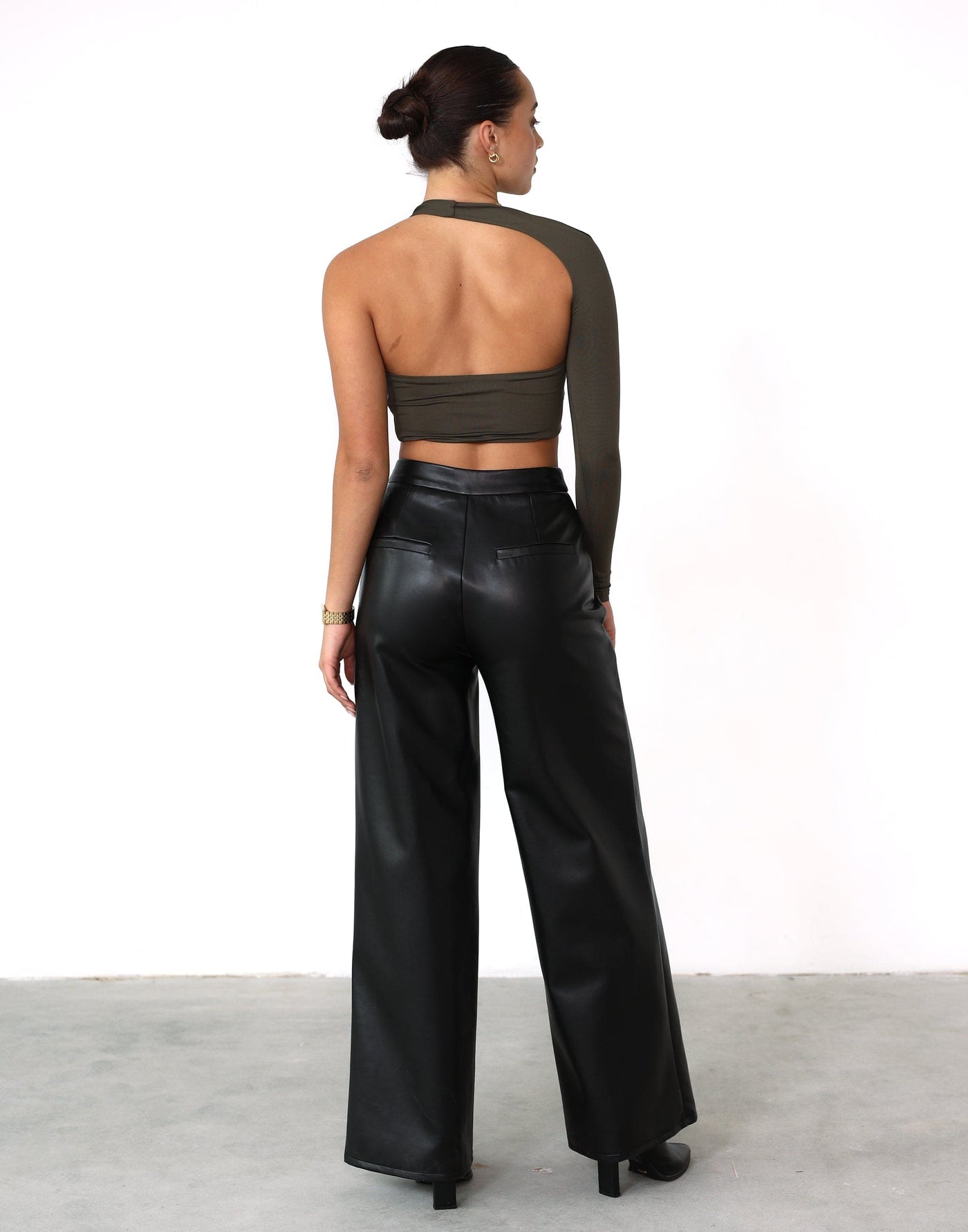 Ryleigh Crop Top (Burnt Olive) - One Sleeve Open Back Top - Women's Top - Charcoal Clothing
