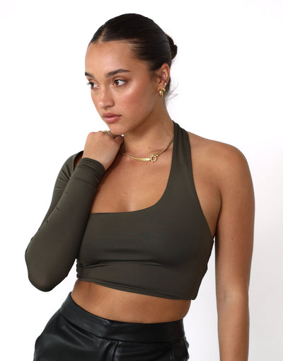 Ryleigh Crop Top (Burnt Olive) - One Sleeve Open Back Top - Women's Top - Charcoal Clothing