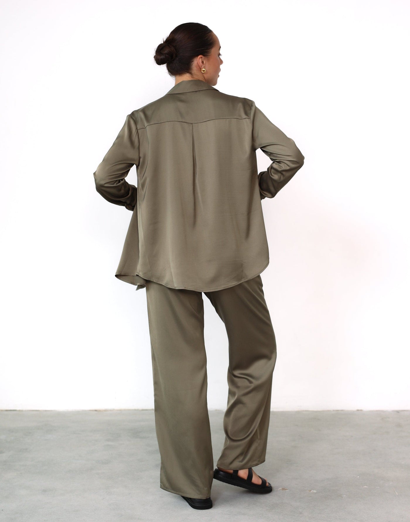 Martha Pants (Tea Leaf) - Elasticated Waist Wide Leg Satin Pants - Women's Pants - Charcoal Clothing