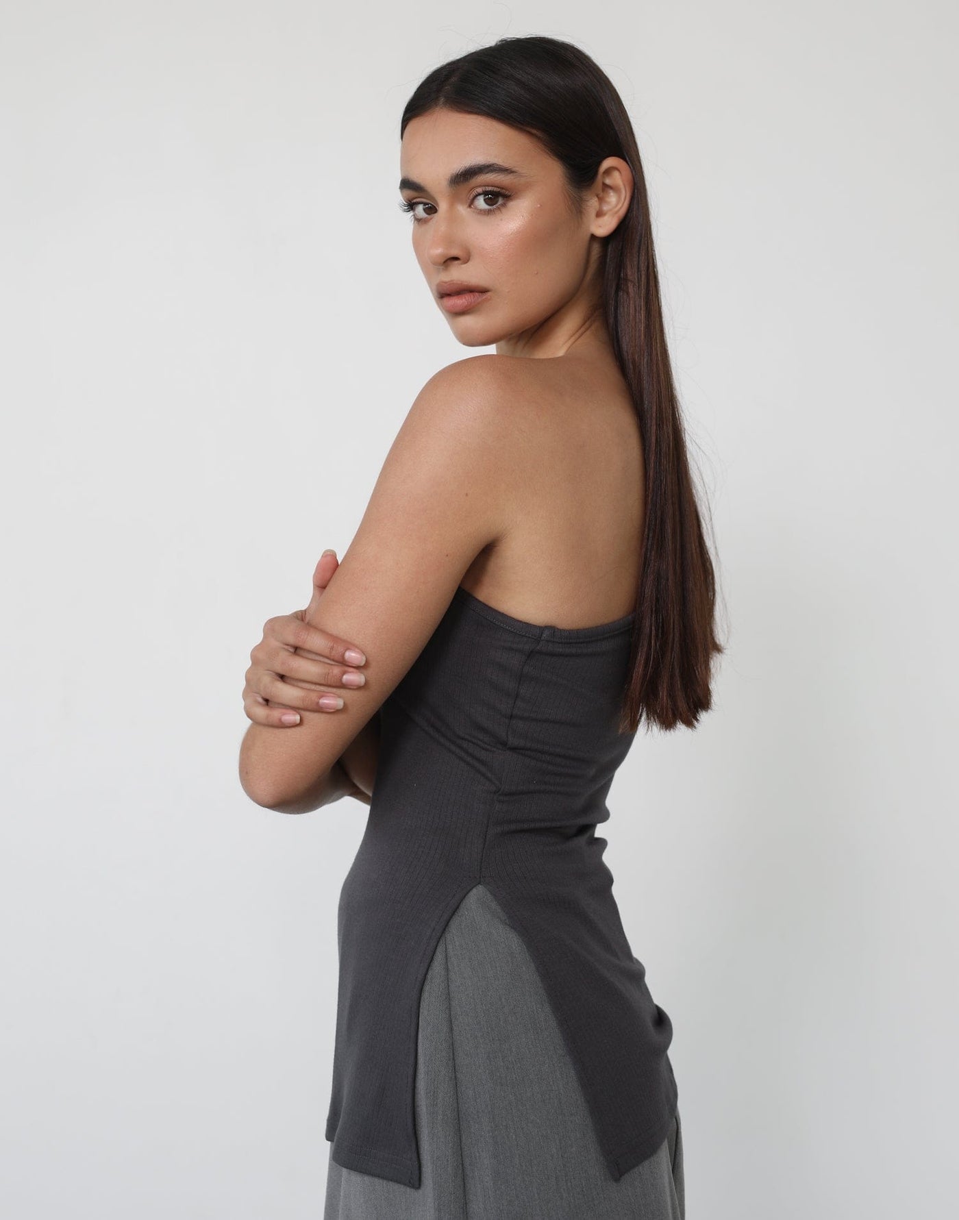 Allison Top (Charcoal) - One Shoulder Charcoal Grey Top - Women's Tops - Charcoal Clothing