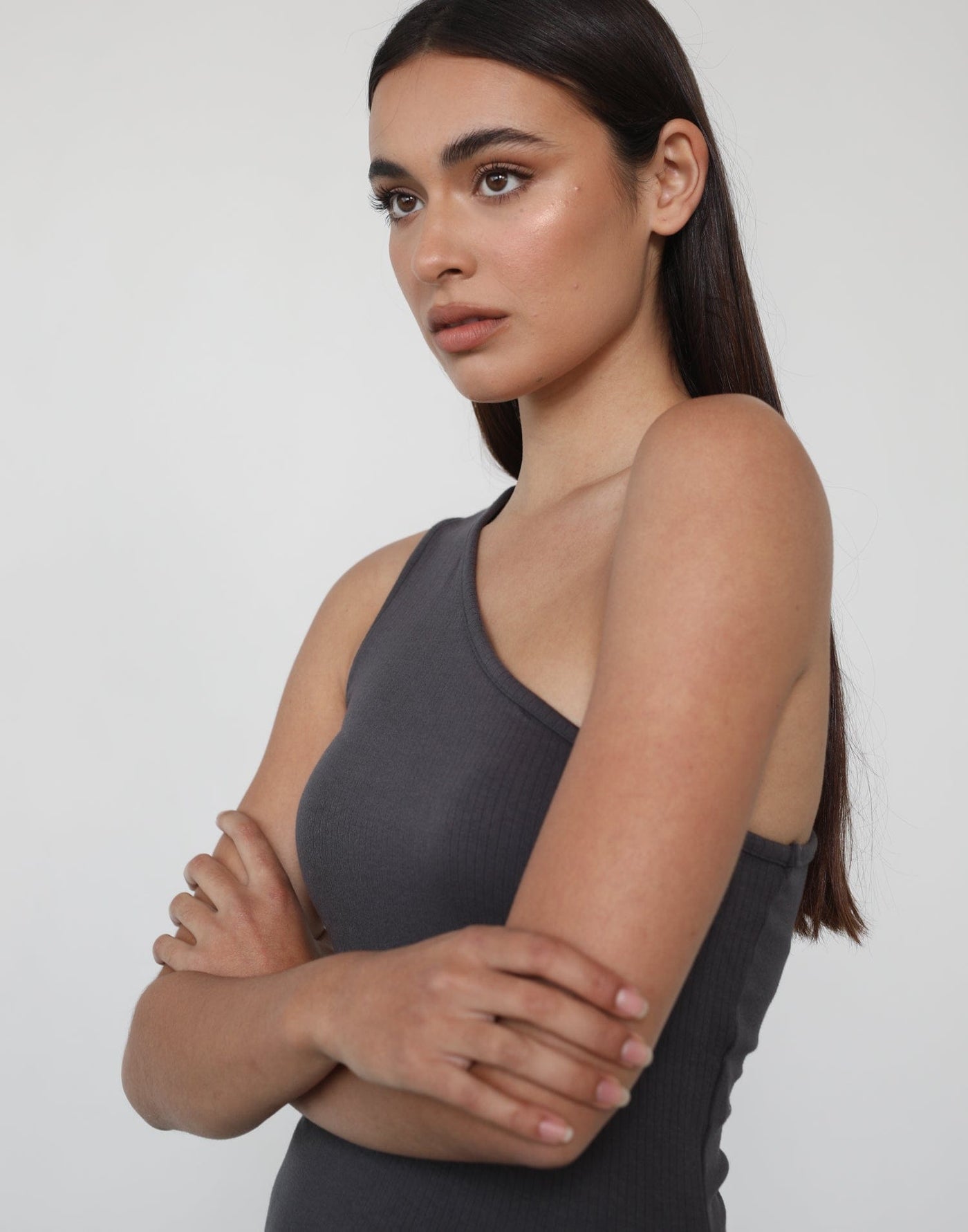 Allison Top (Charcoal) - One Shoulder Charcoal Grey Top - Women's Tops - Charcoal Clothing