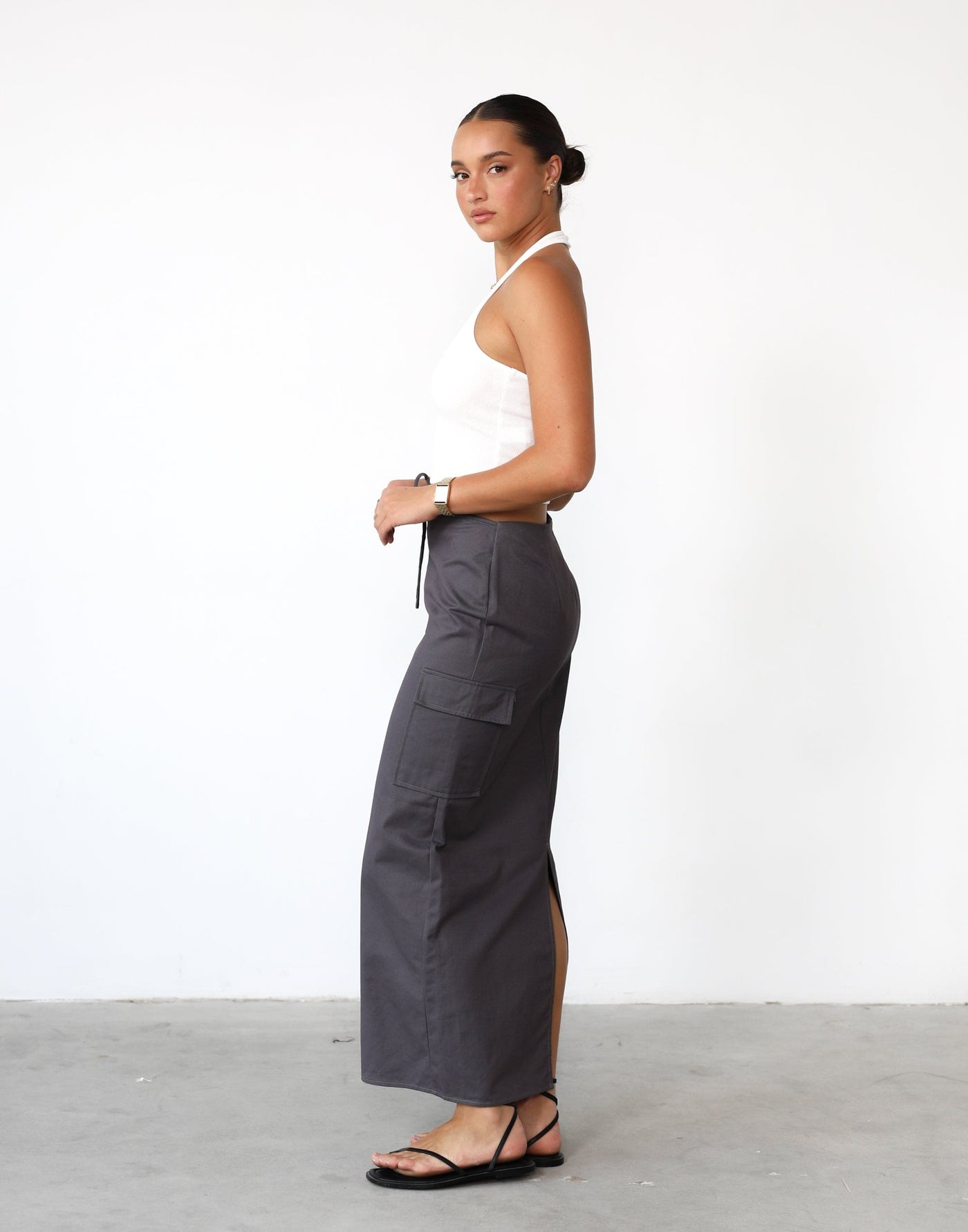 Not Now Maxi Skirt (Slate) - Adjustable Waist Drawstring Cargo Maxi Skirt With Slit - Women's Skirt - Charcoal Clothing