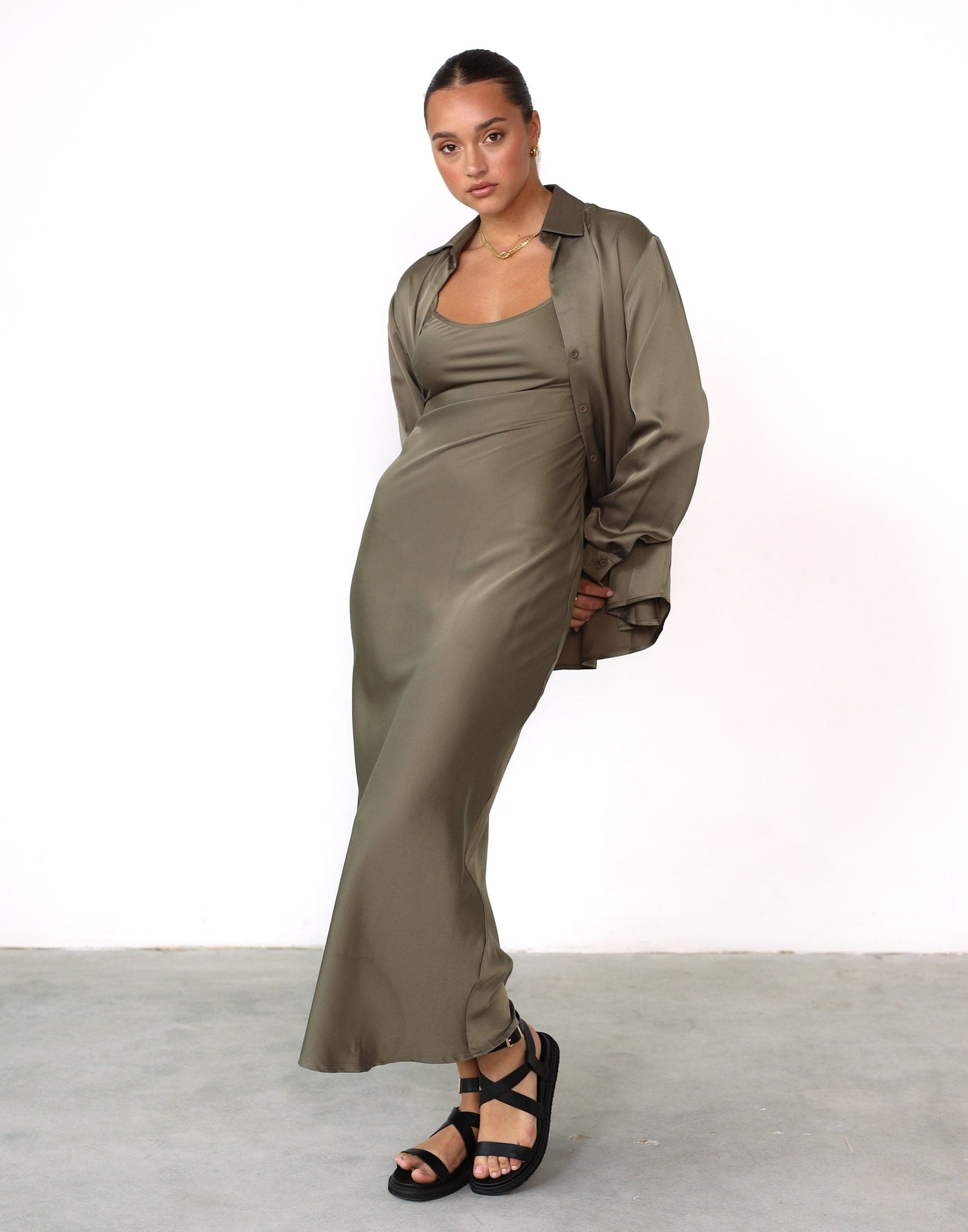 Martha Maxi Dress (Tea Leaf) - Adjustable Strap Satin Slip Maxi Dress - Women's Dress - Charcoal Clothing