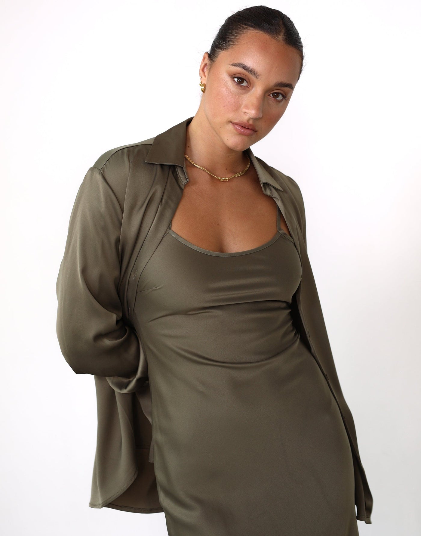 Martha Maxi Dress (Tea Leaf) - Adjustable Strap Satin Slip Maxi Dress - Women's Dress - Charcoal Clothing