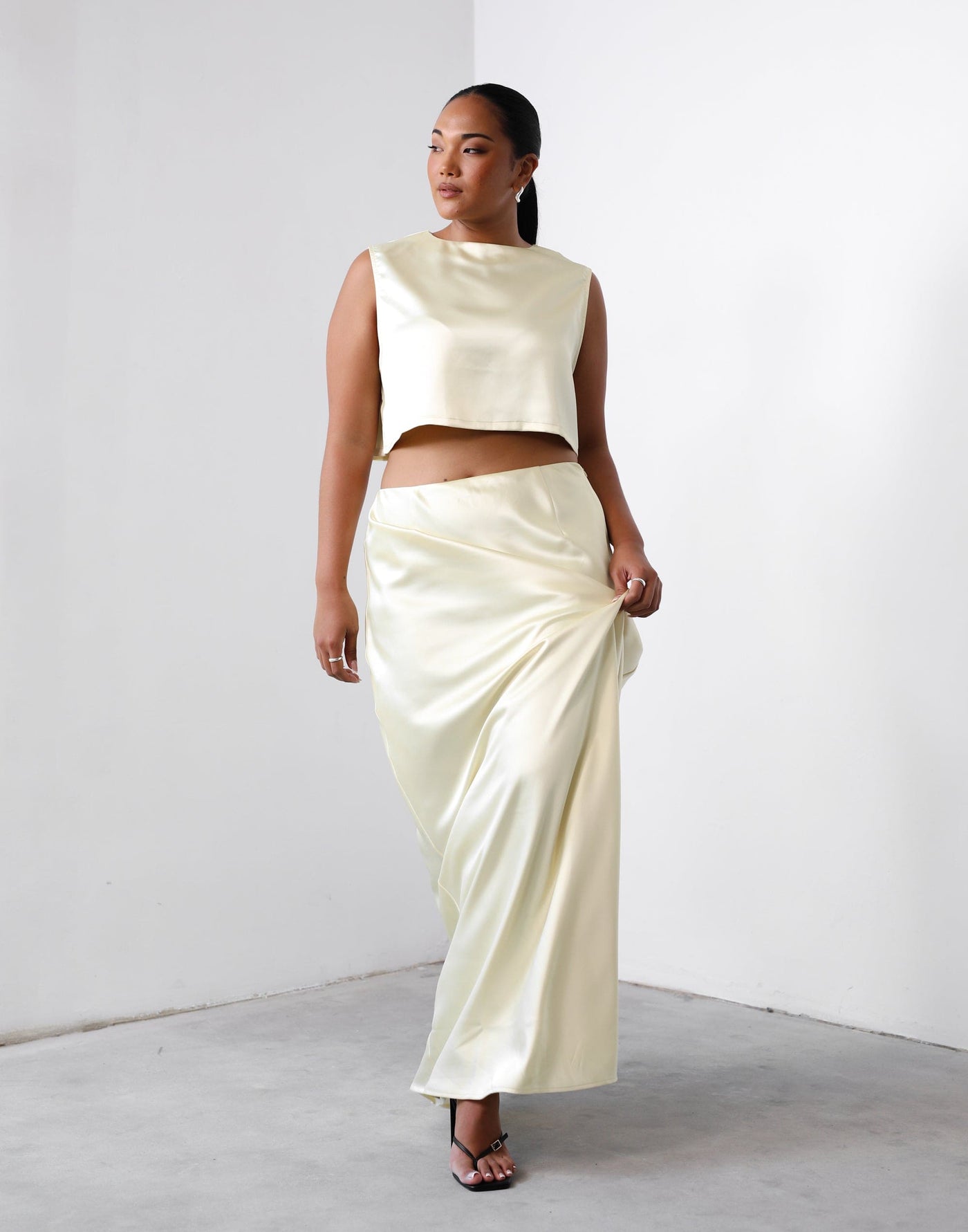 Sincerity Crop Top (Lemon) | Charcoal Clothing Exclusive - Satin Sleeveless Open Back Crop Top - Women's Top - Charcoal Clothing
