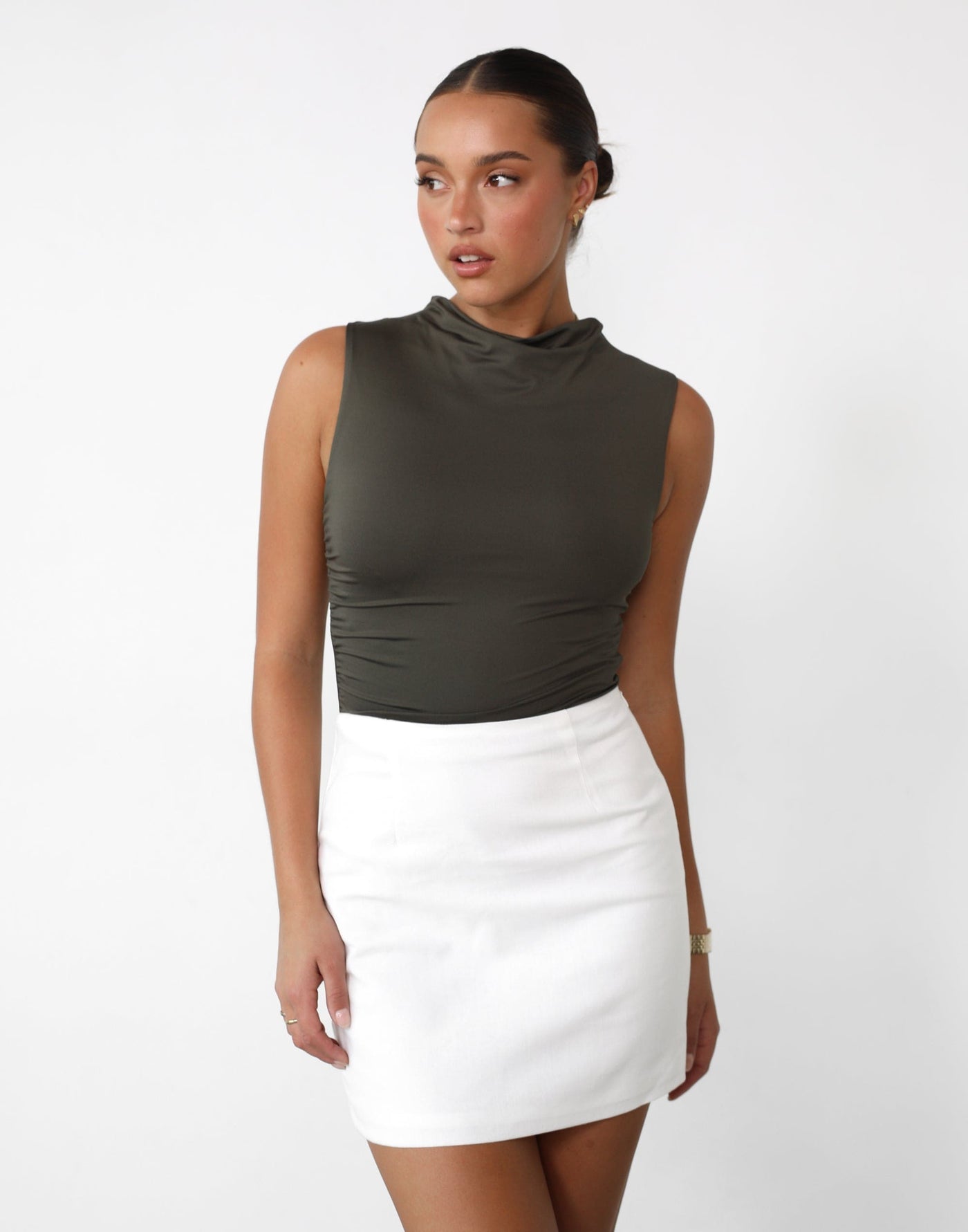 Madison Top (Burnt Olive) - High Cowl Neck Bodycon Top - Women's Top - Charcoal Clothing