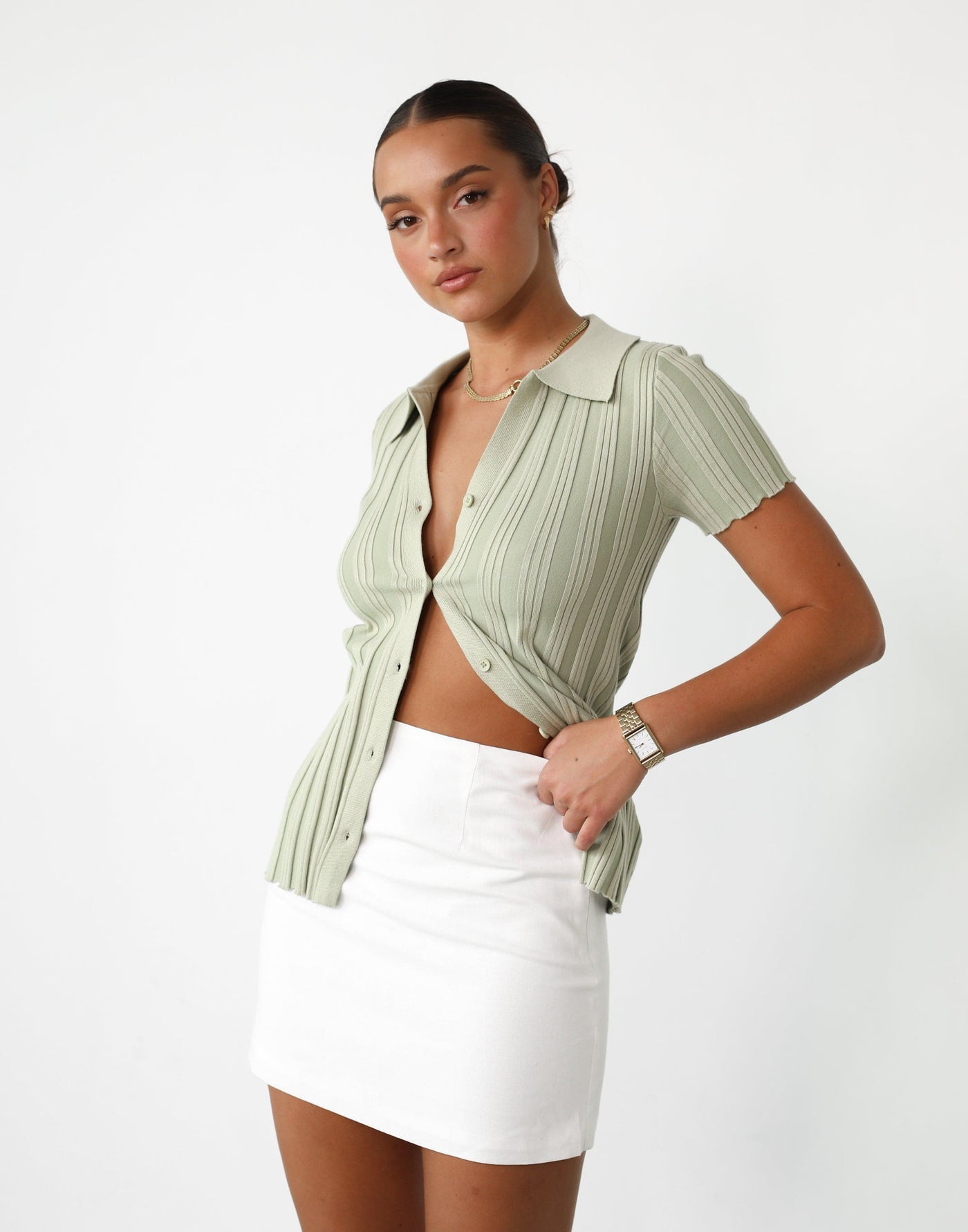 Fran Top (Avocado) - Button Closure Ribbed Top - Women's Top - Charcoal Clothing