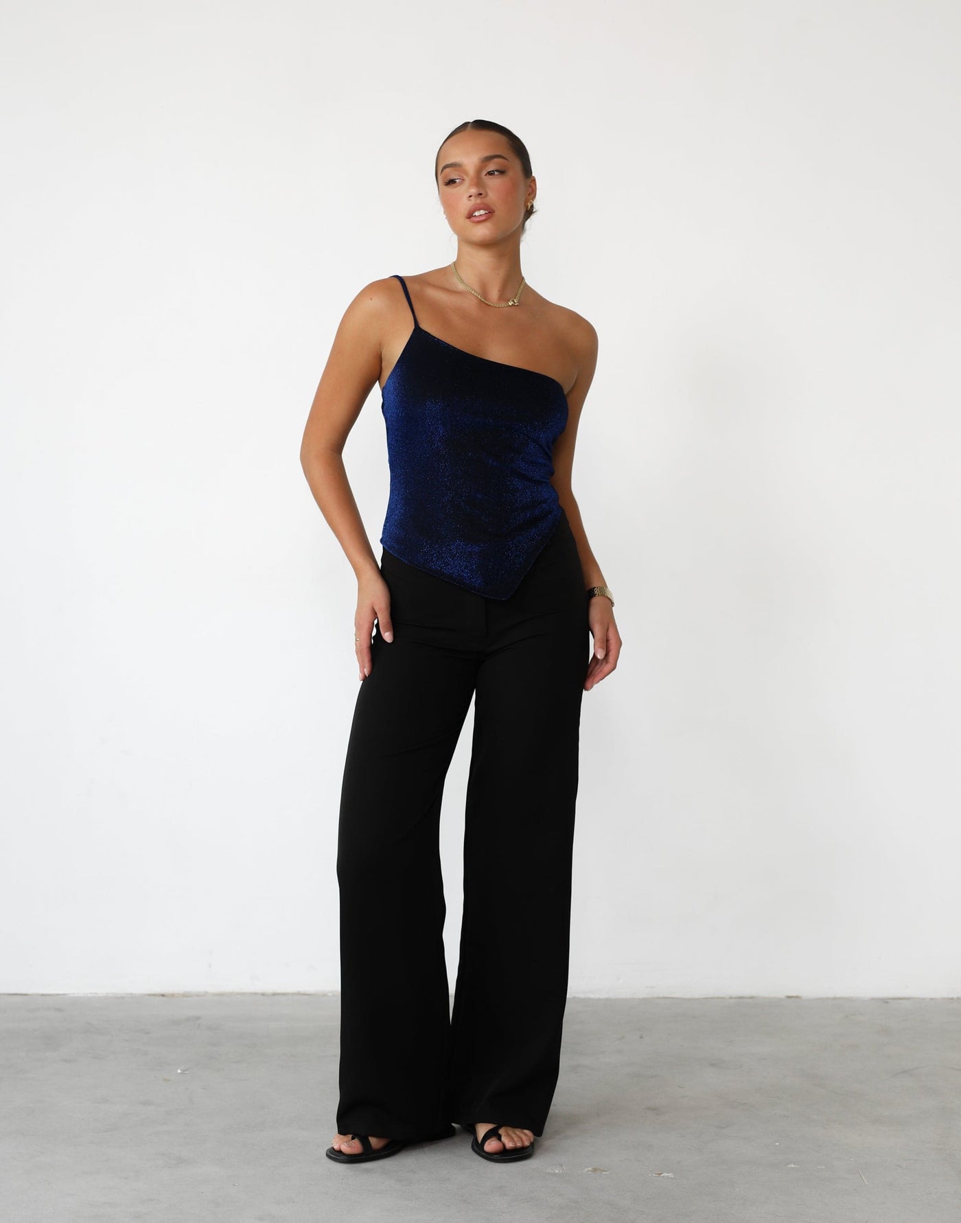 Fantasise Top (Deep Blue) - Glitter-like One Strap Crop Top - Women's Top - Charcoal Clothing