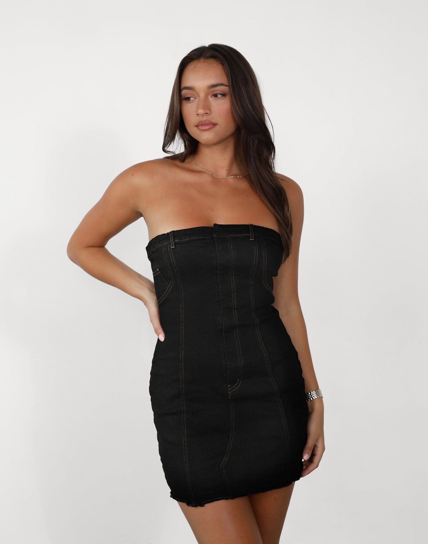Sophea Mini Dress (Black Denim) - Black Denim Strapless Mini Dress - Women's Dress - Charcoal Clothing