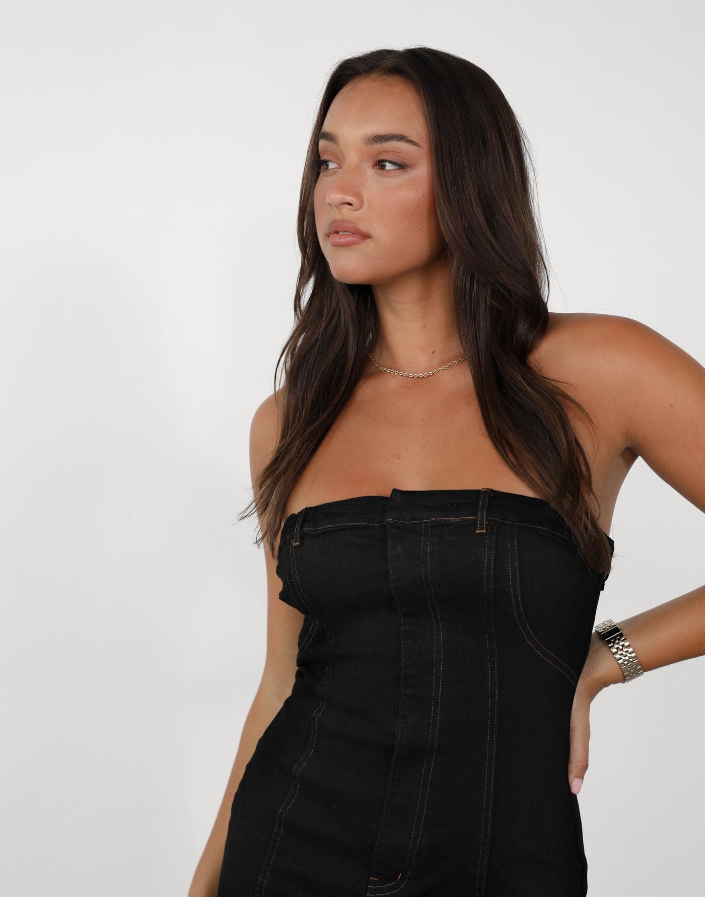 Sophea Mini Dress (Black Denim) Black Denim Strapless Mini Dress
