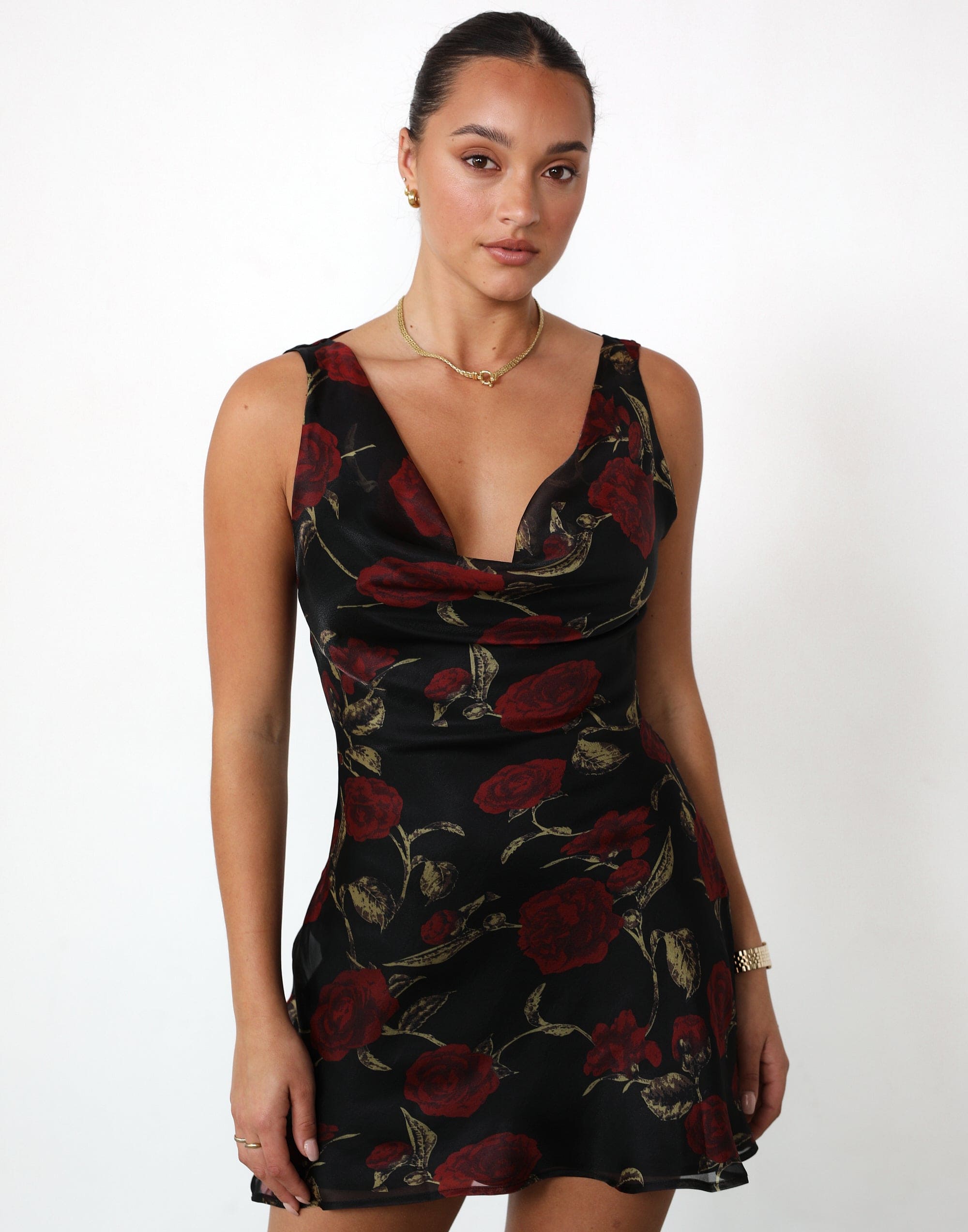 Imogen Mini Dress (Black Floral) - Cowl Neck Low Back Satin Mini Dress ...