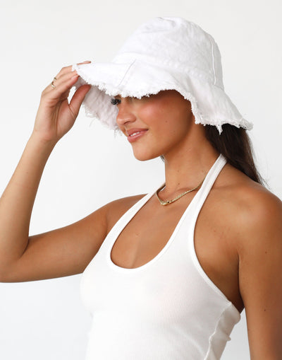 Leilani Bucket Hat (White) - Cotton Frayed Edge Bucket Hat - Women's Accessories - Charcoal Clothing