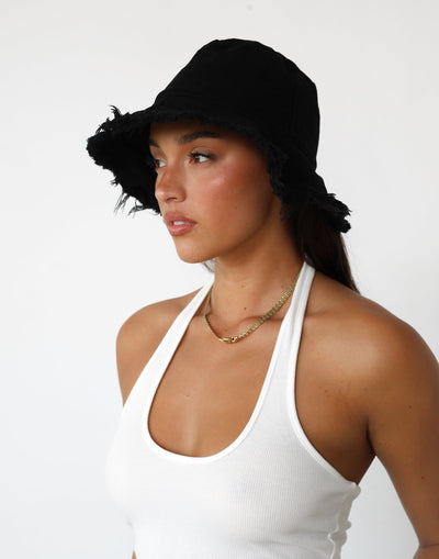 Leilani Bucket Hat (Black) - Cotton Frayed Edge Bucket Hat - Women's Accessories - Charcoal Clothing
