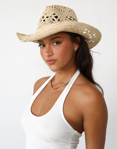 Mia Cowboy Hat (Sand) - Woven Western Straw Hat With Bow - Women's Accessories - Charcoal Clothing