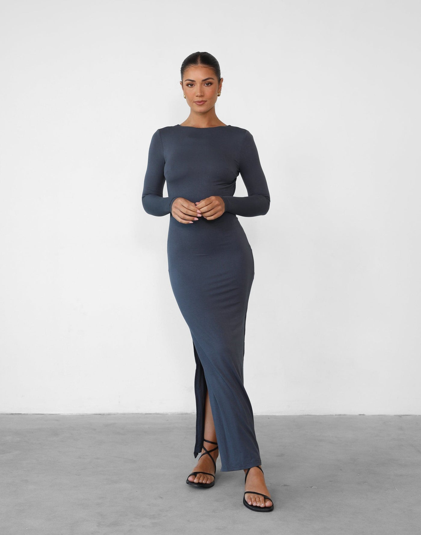 Luna Long Sleeve Maxi Dress (Slate) - Jersey Low Back Maxi Dress - Women's Dress - Charcoal Clothing