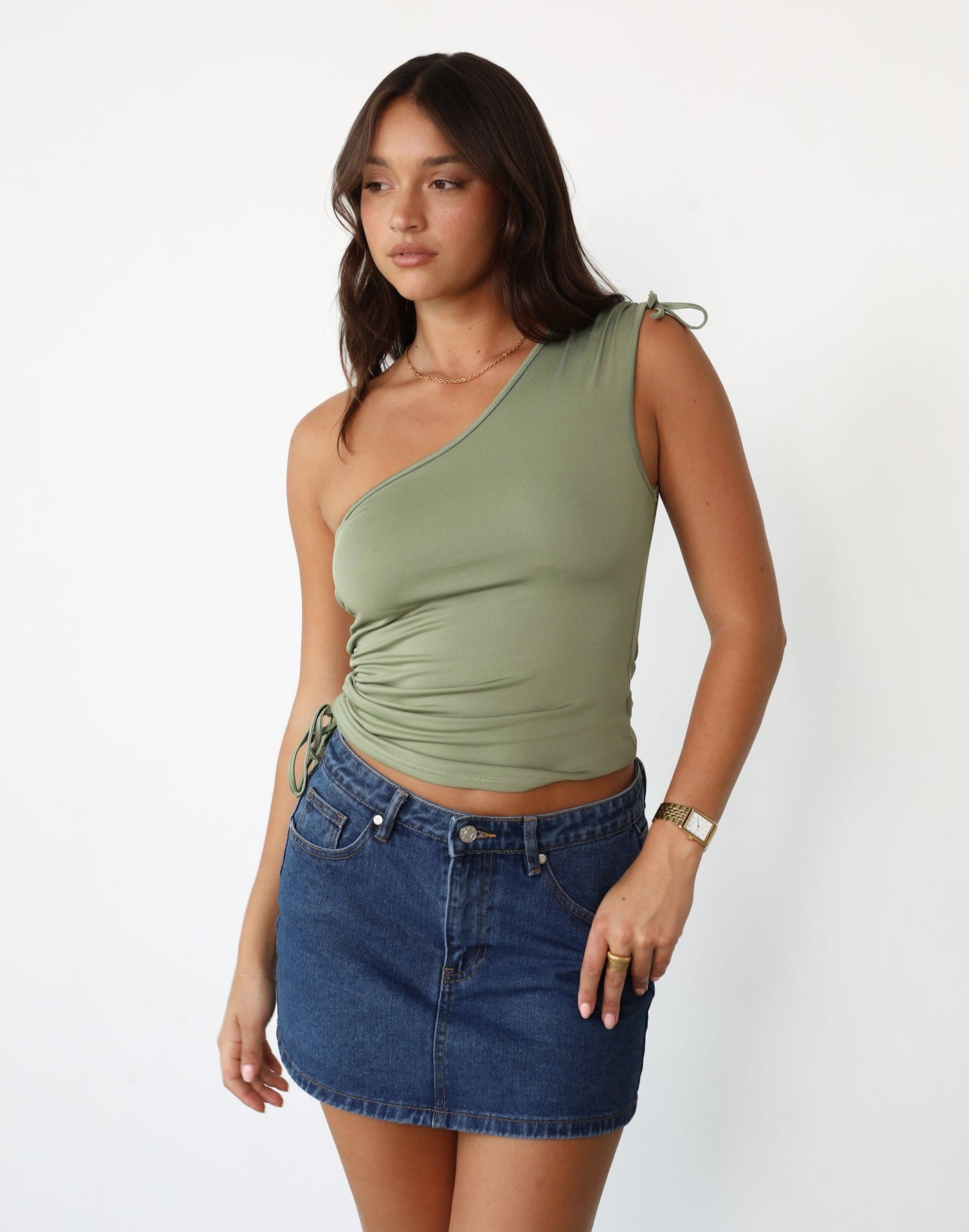 Ara Top (Green) | Gathered Ruche One Shoulder Top - Women's Top - Charcoal Clothing