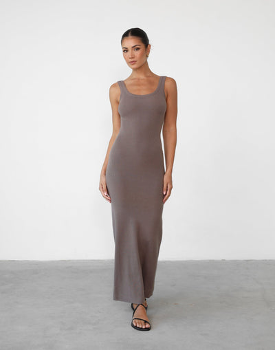 Enver Maxi Dress (Mushroom) - Bodycon Basic Knit Maxi Dress - Women's Dress - Charcoal Clothing