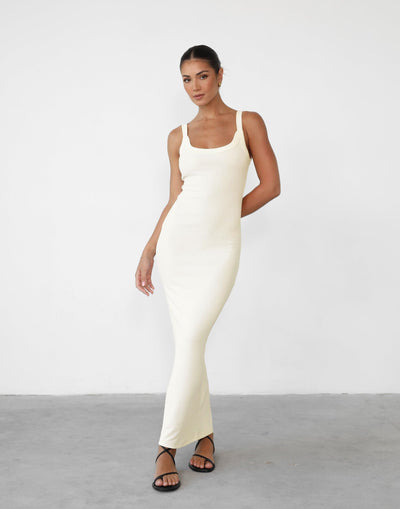 Skyler Maxi Dress (Off White) - Bodycon Ribbed Basic Round Neck Maxi Dress - Women's Dress - Charcoal Clothing