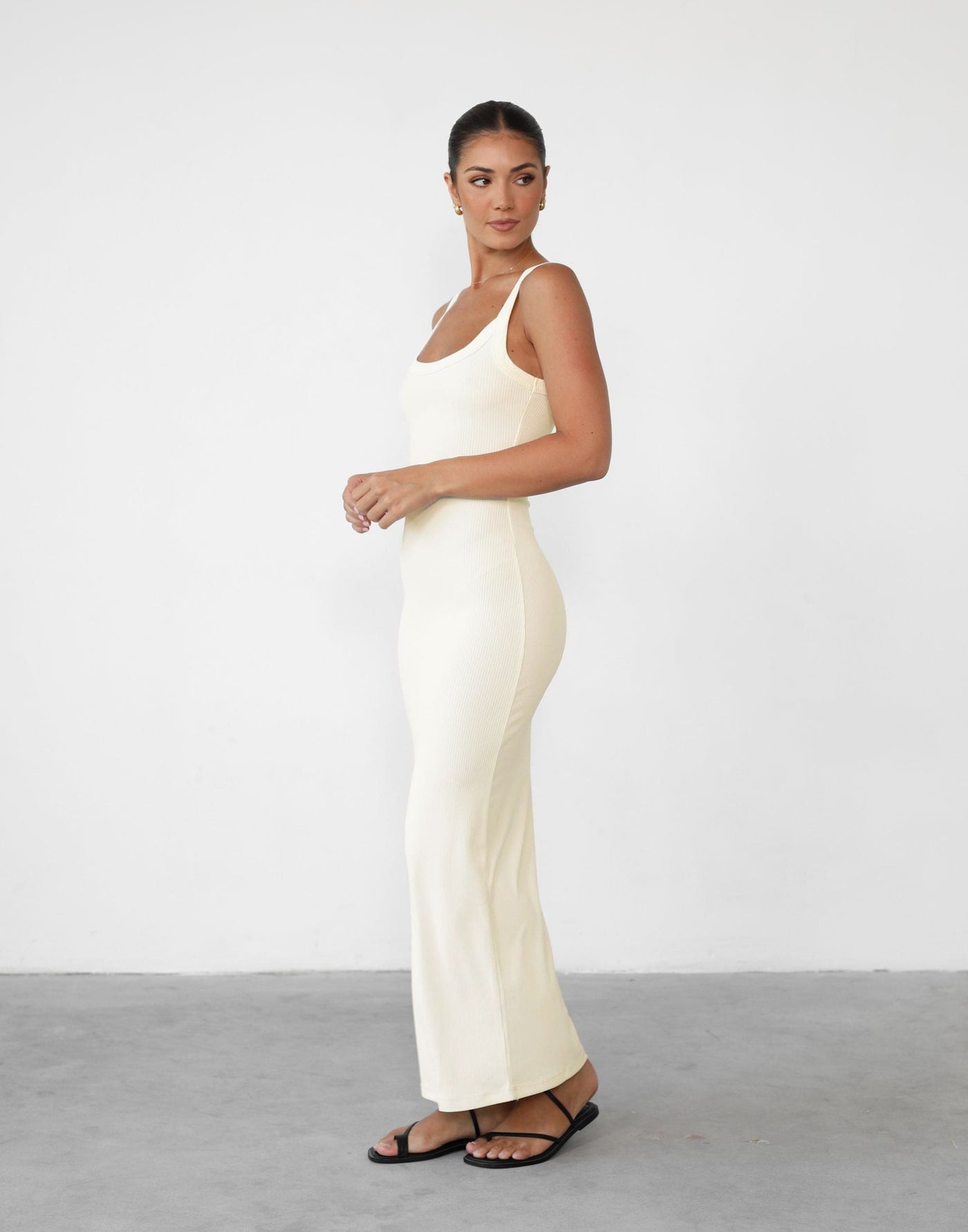 Skyler Maxi Dress (Off White) - Bodycon Ribbed Basic Round Neck Maxi Dress - Women's Dress - Charcoal Clothing