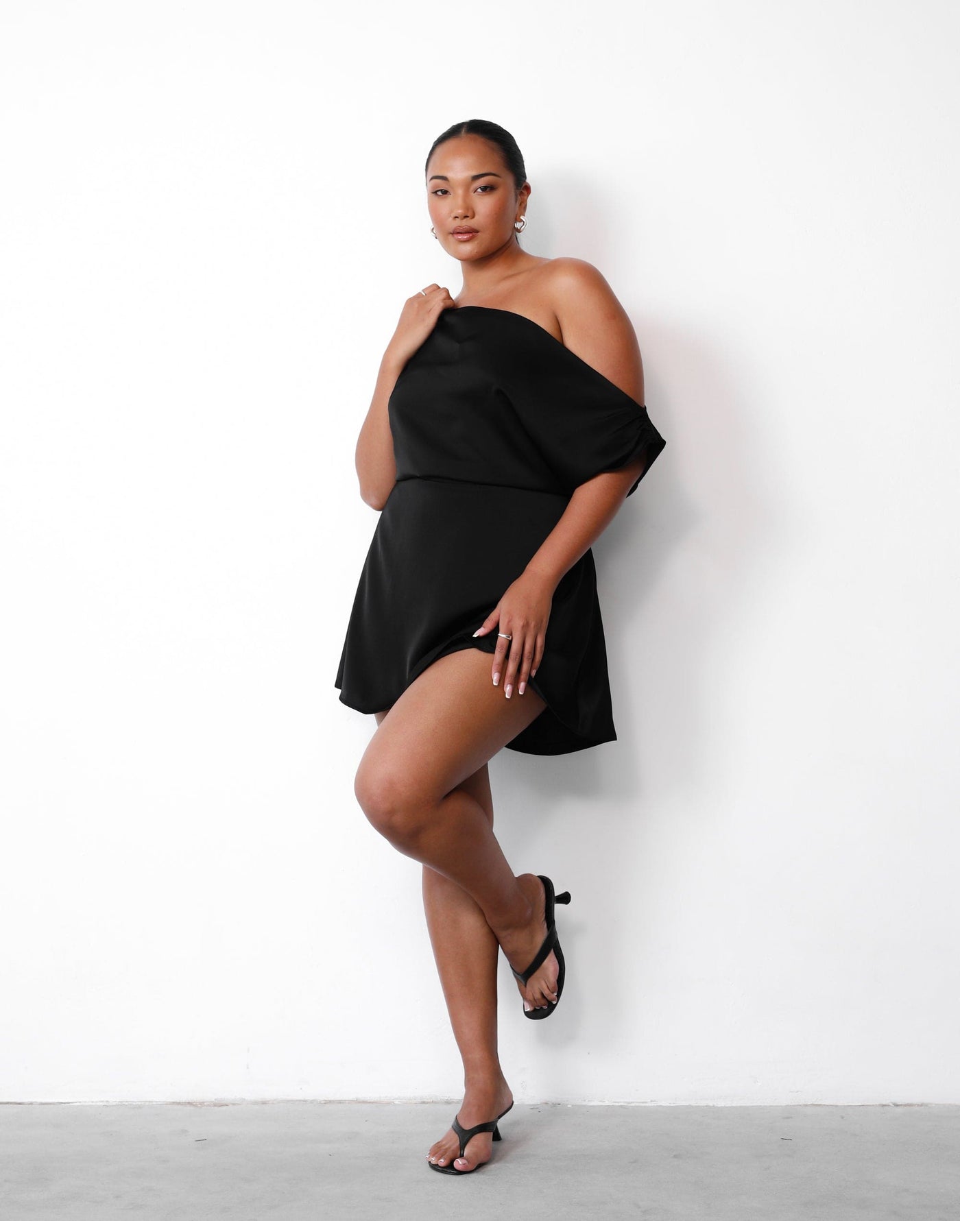 Angel Mini Dress (Black) | Charcoal Clothing Exclusive - Asymmetrical Neckline Flared Mini Dress - Women's Dress - Charcoal Clothing