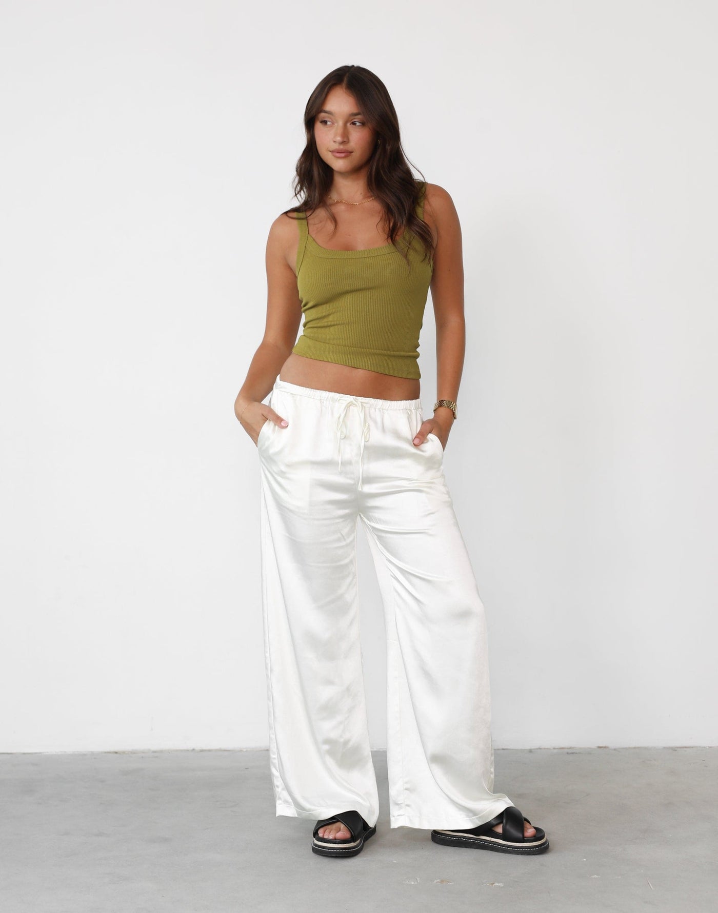 Evann Pants (Soft Lemon) | Mid Waisted Satin Pants - Women's Pants - Charcoal Clothing