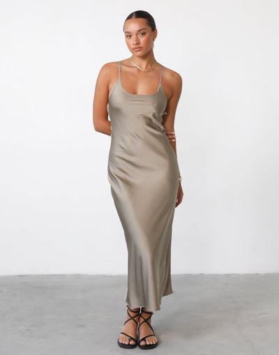 Juliette Satin Dress (Mineral) - By Lioness - Open Back Maxi Dress - Women's Dress - Charcoal Clothing