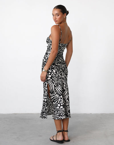 Kova Maxi Dress (Black/White Print) - Straight Neck Satin Maxi Dress - Women's Dress - Charcoal Clothing