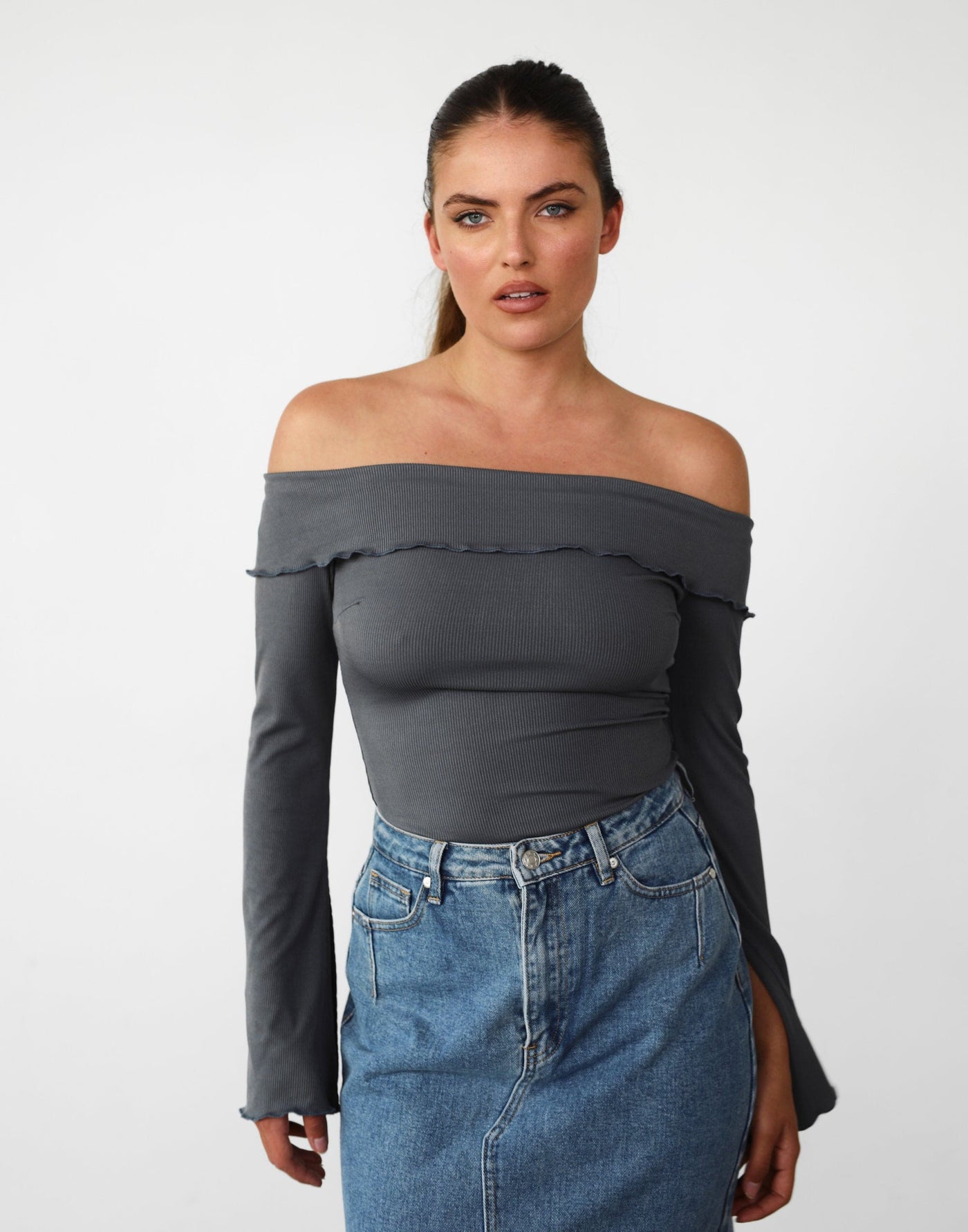 Jess Long Sleeve Top (Charcoal) - Off the Shoulder Flared Sleeve Top - Women's Top - Charcoal Clothing