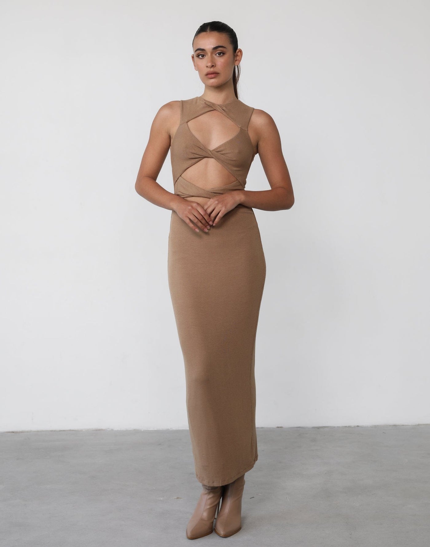 Topaz Maxi Dress (Tan) - Tan Cut Out Maxi Dress - Women's Dress - Charcoal Clothing