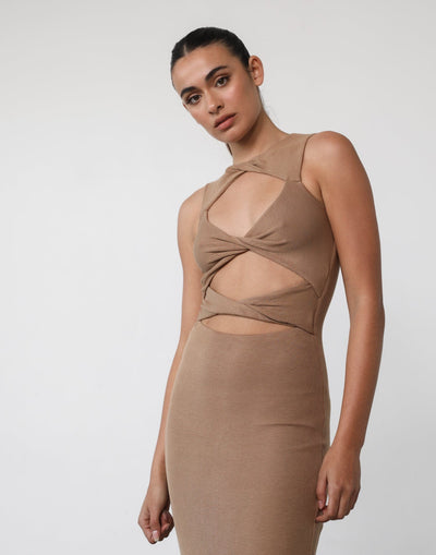 Topaz Maxi Dress (Tan) - Tan Cut Out Maxi Dress - Women's Dress - Charcoal Clothing