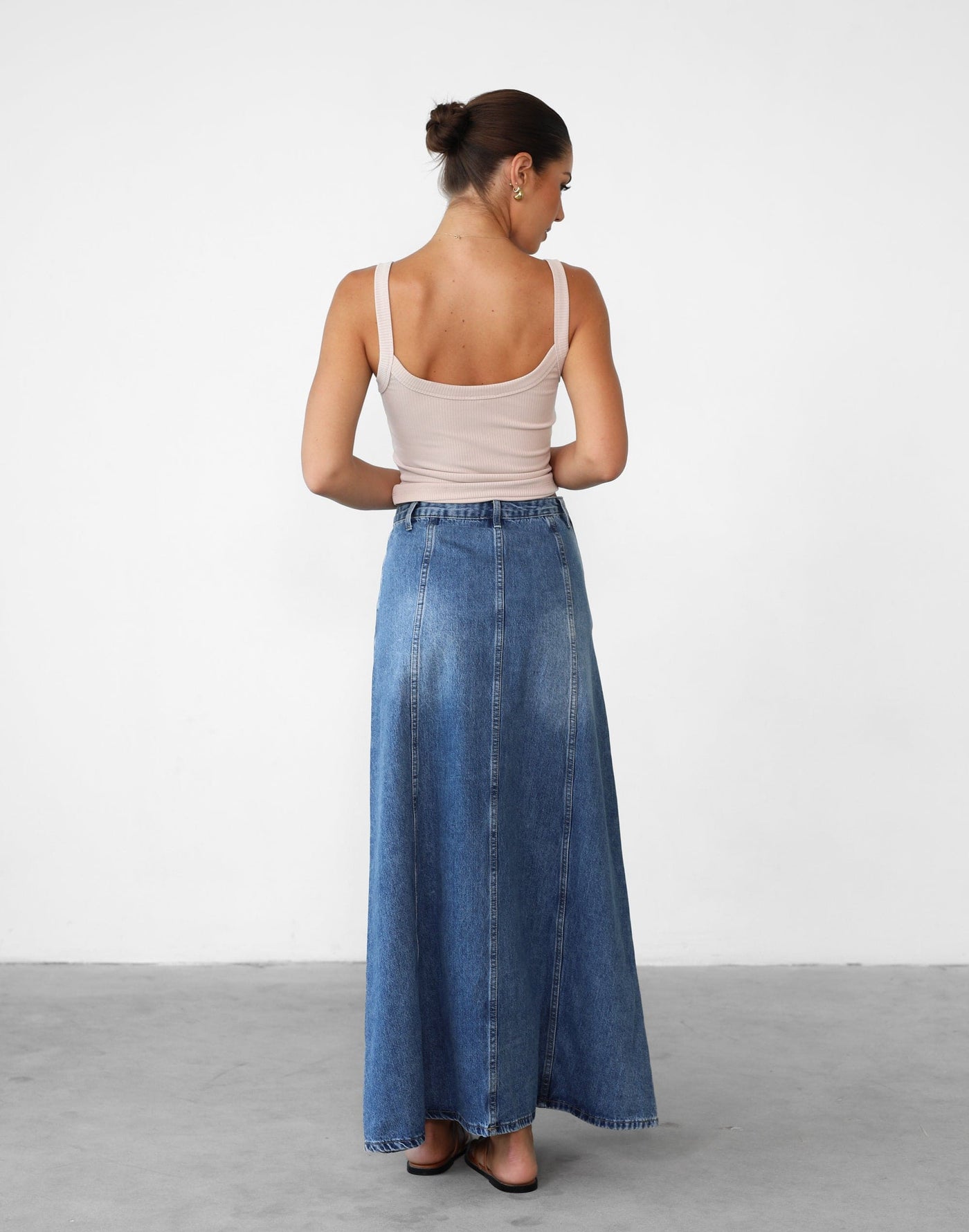 Akara Denim Maxi Skirt (Blue Denim) - High Waisted A-line Maxi Skirt - Women's Skirt - Charcoal Clothing