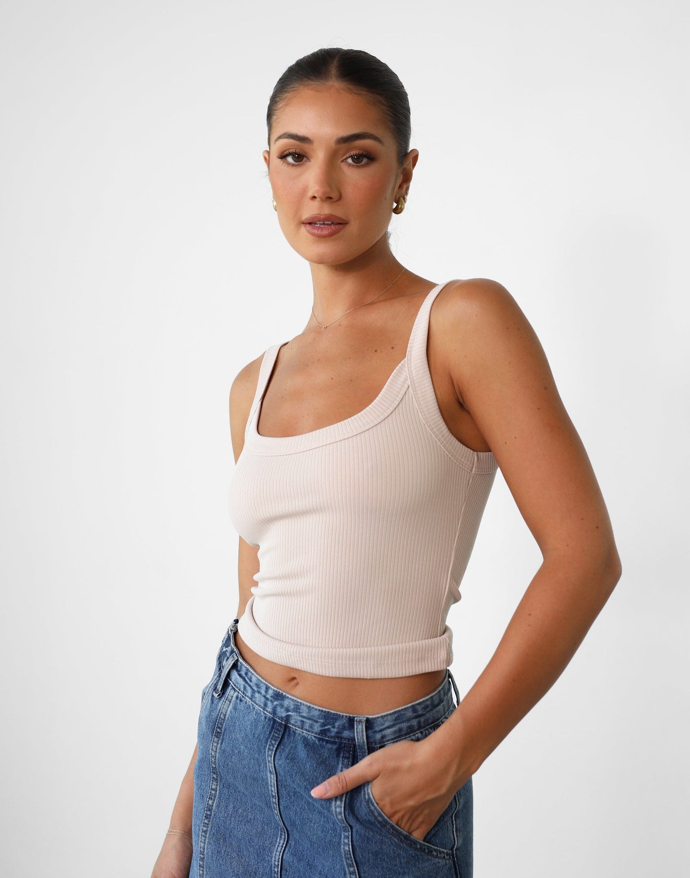 Skyler Tank Top (Beige) - Basic Ribbed Bodycon Fitted Top - Women's Top - Charcoal Clothing