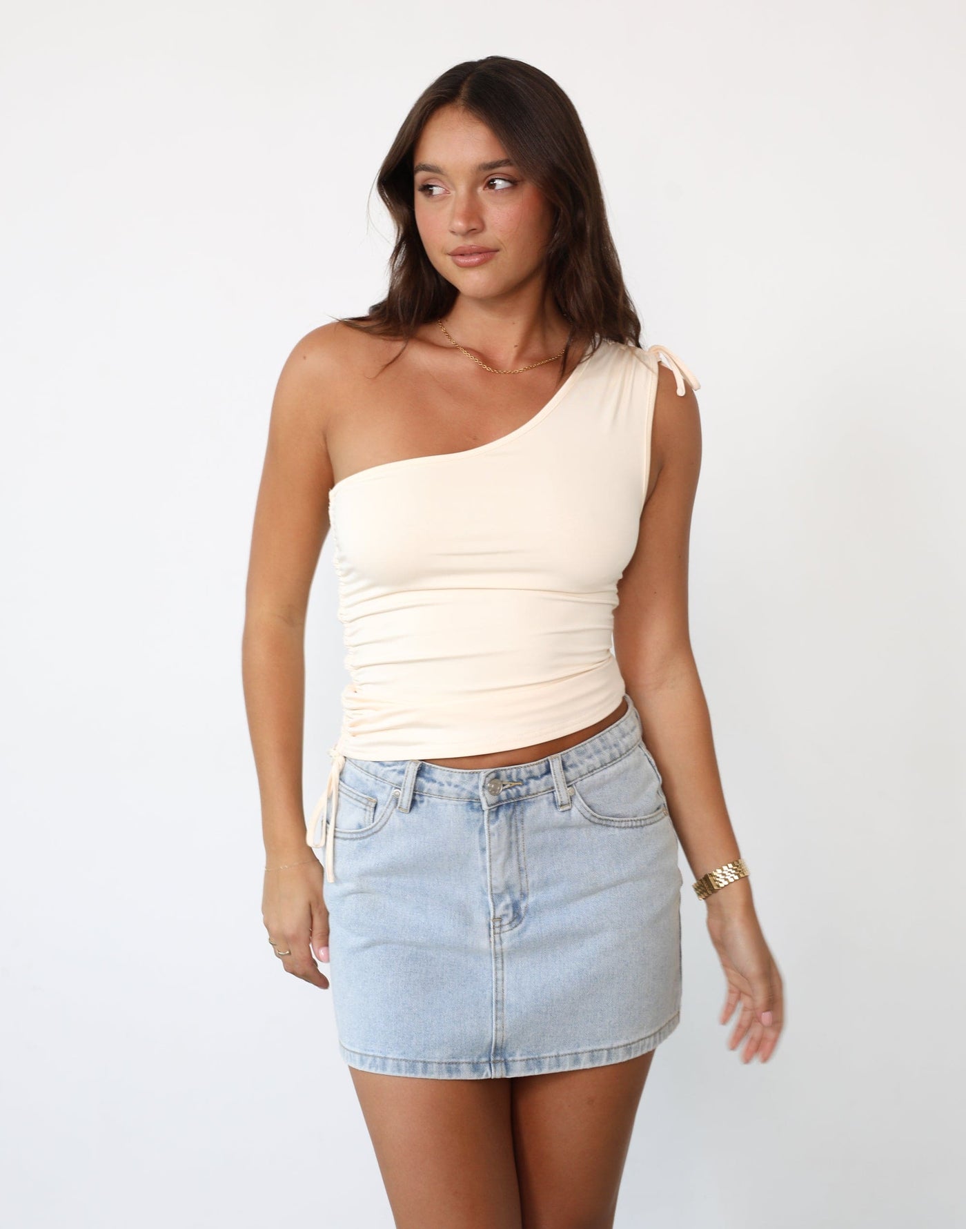 Ara Top (Cream) | Gathered Ruche One Shoulder Top - Women's Top - Charcoal Clothing