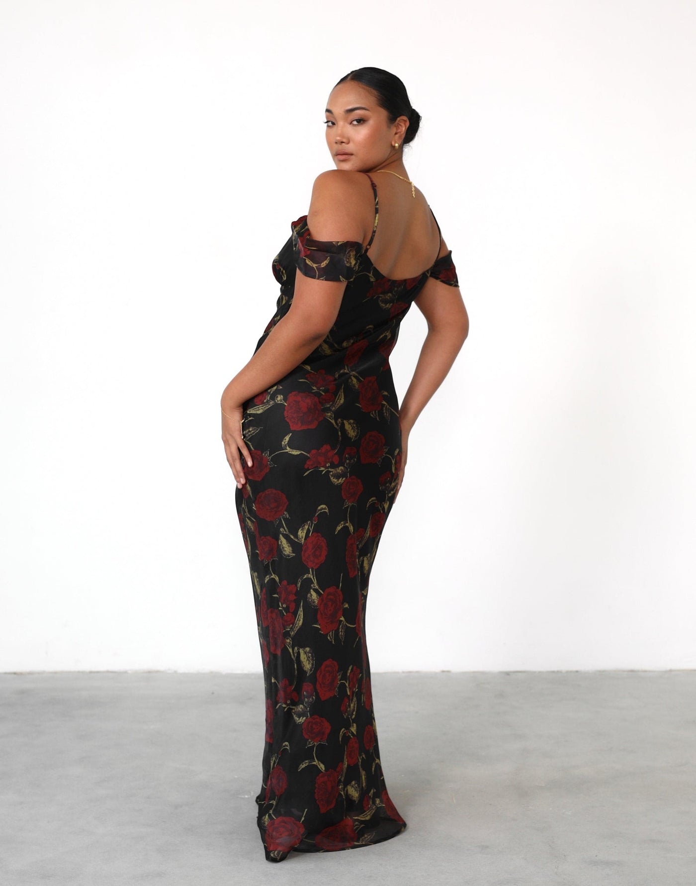 Lily Maxi Dress (Black Floral) - Floral Pattern V-Neck Draped Sleeve Maxi - Women's Dress - Charcoal Clothing