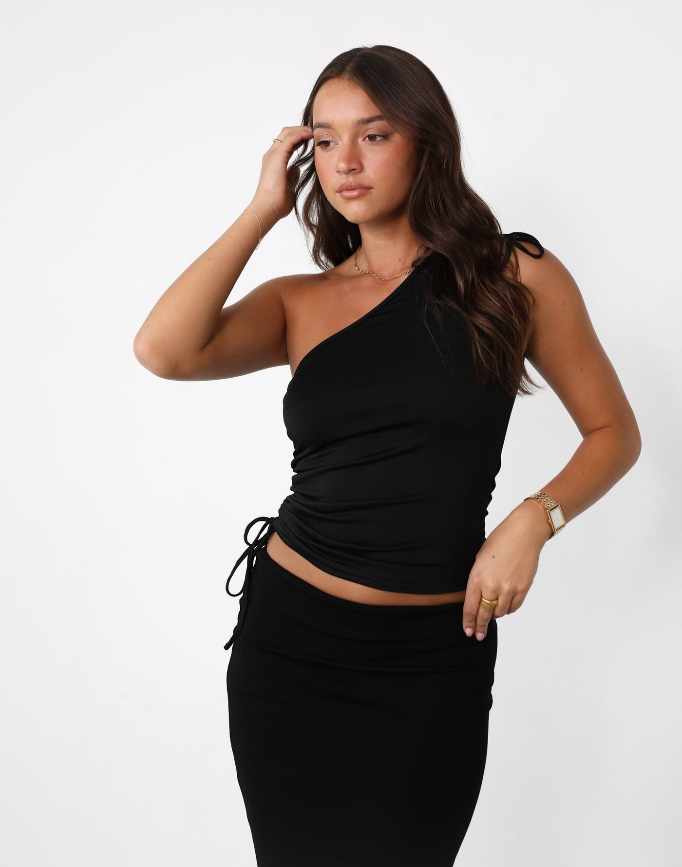 Ara Top (Black) | Ruched Gathered One Shoulder Top - Women's Top - Charcoal Clothing