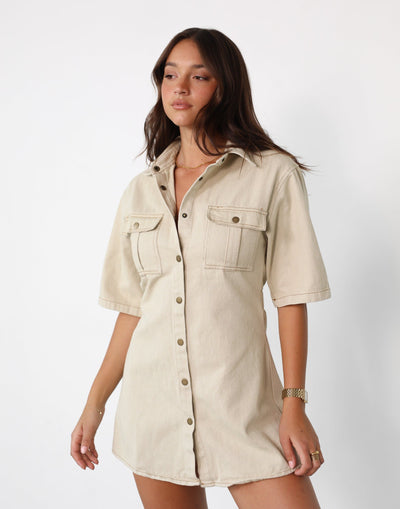 Hadid Mini Dress (Beige) | Button Up Mini Dress - Women's Dress - Charcoal Clothing