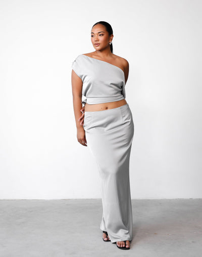 Viviana Maxi Skirt (Silver) | Charcoal Clothing Exclusive - Low Rise Satin Maxi Skirt - Women's Skirt - Charcoal Clothing