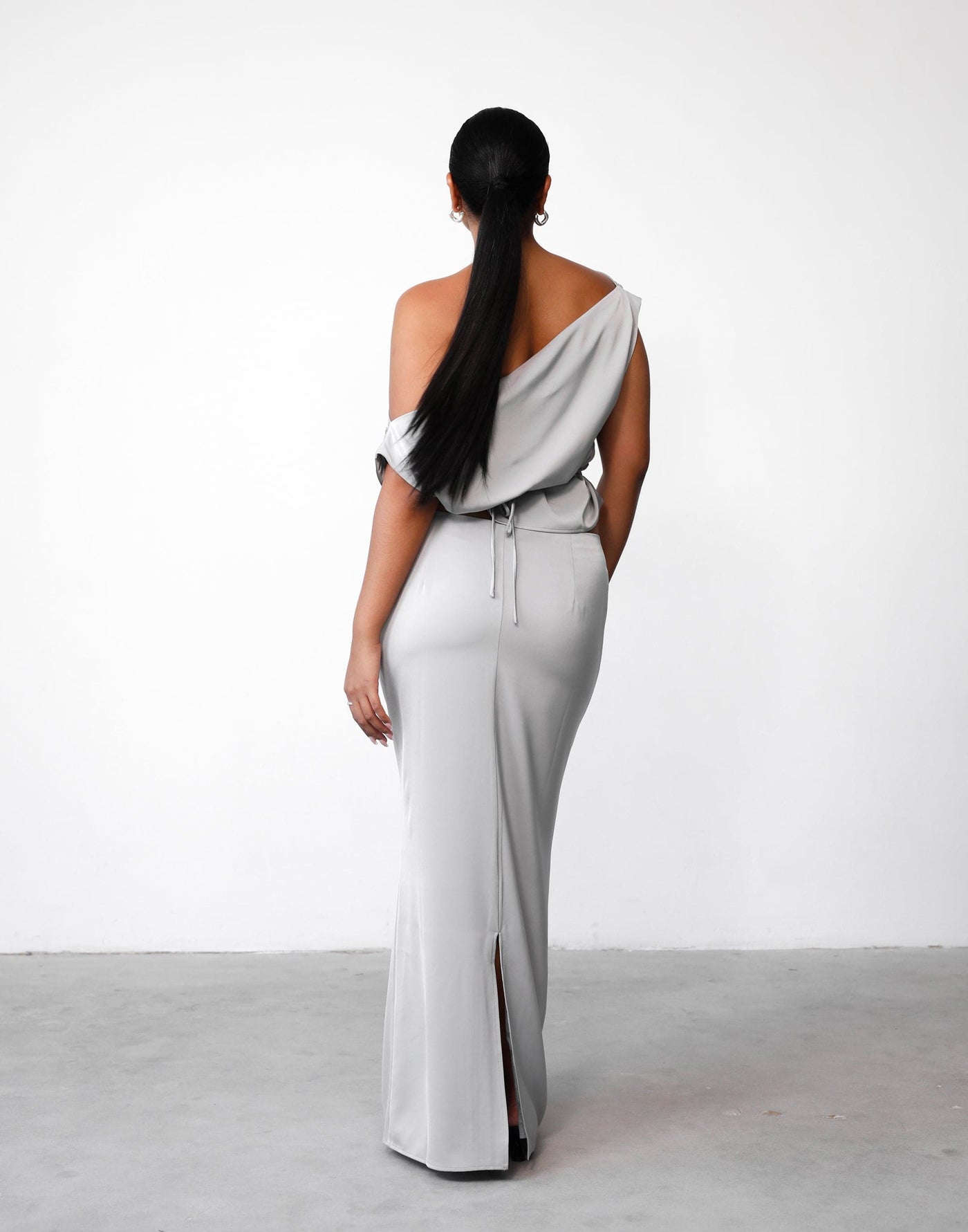 Viviana Top (Silver) | Charcoal Clothing Exclusive - Asymmetrical Neckline Satin Adjustable Waist Top - Women's Top - Charcoal Clothing