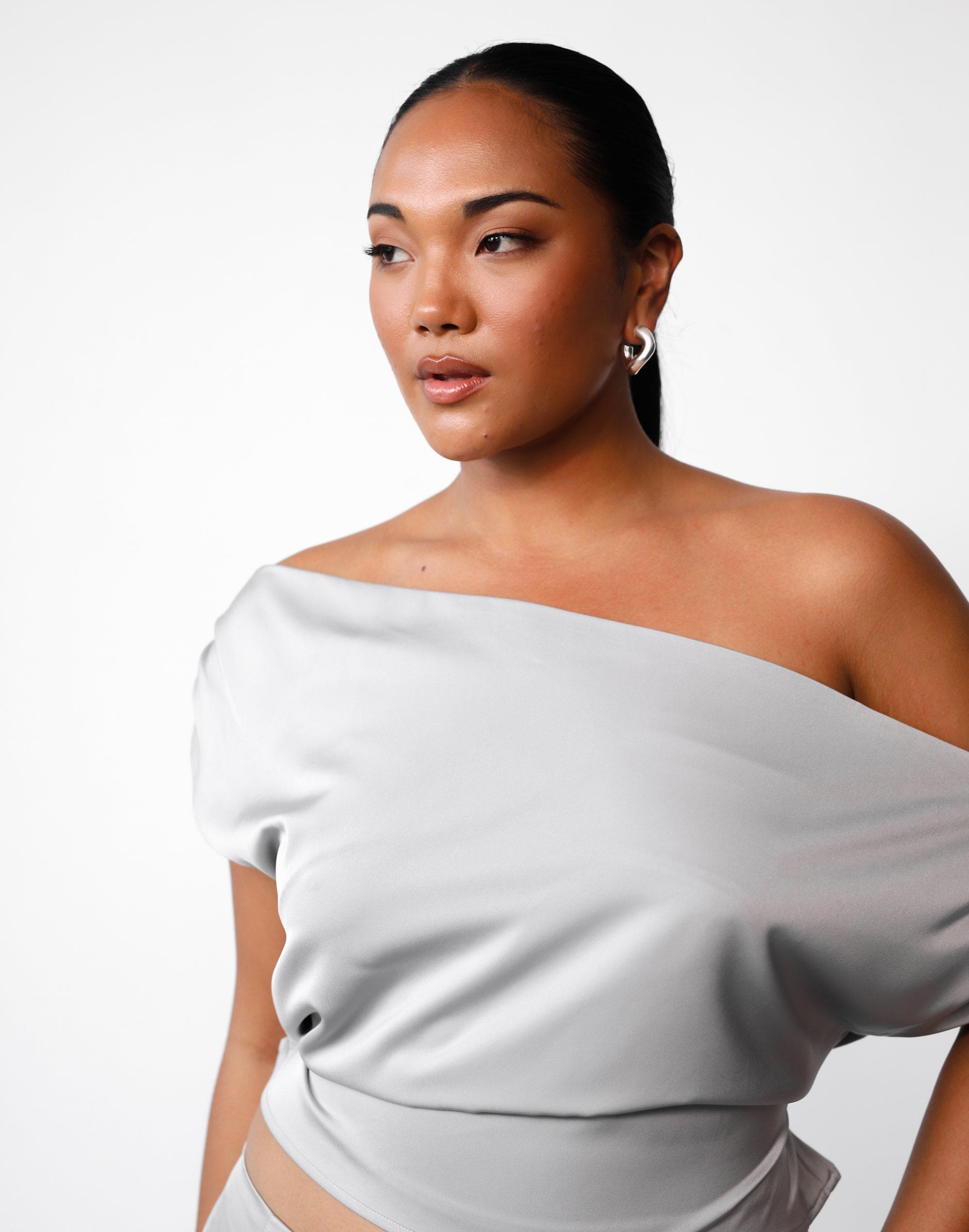 Viviana Top (Silver) Charcoal Clothing Exclusive Asymmetrical Neckline Satin Adjustable