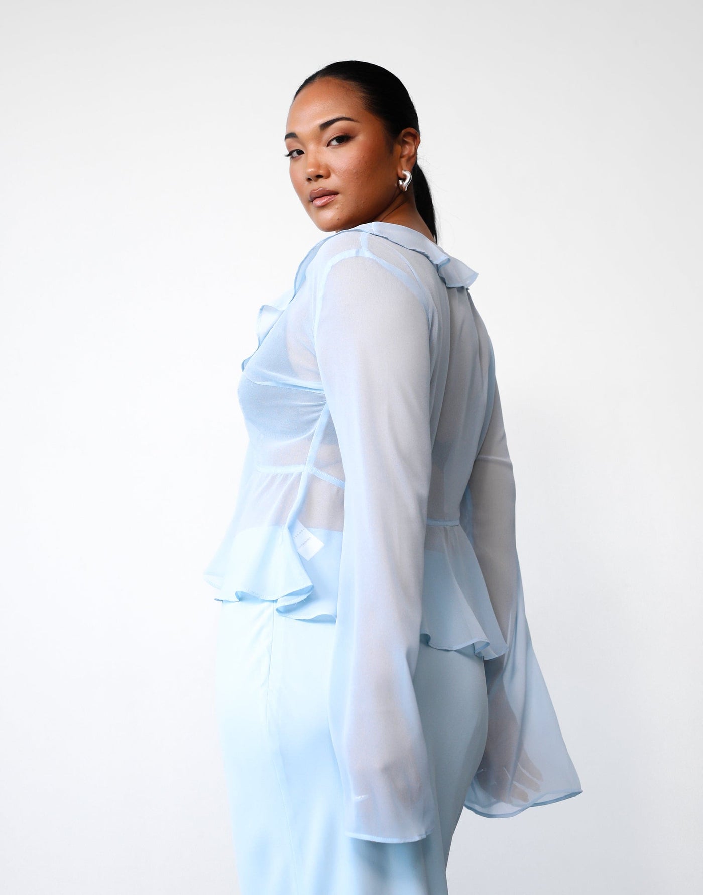 Leah Long Sleeve Top (Ice Blue) | Charcoal Clothing Exclusive - Cut-out Detail Backless Bodycon Dress - Women's Top - Charcoal Clothing