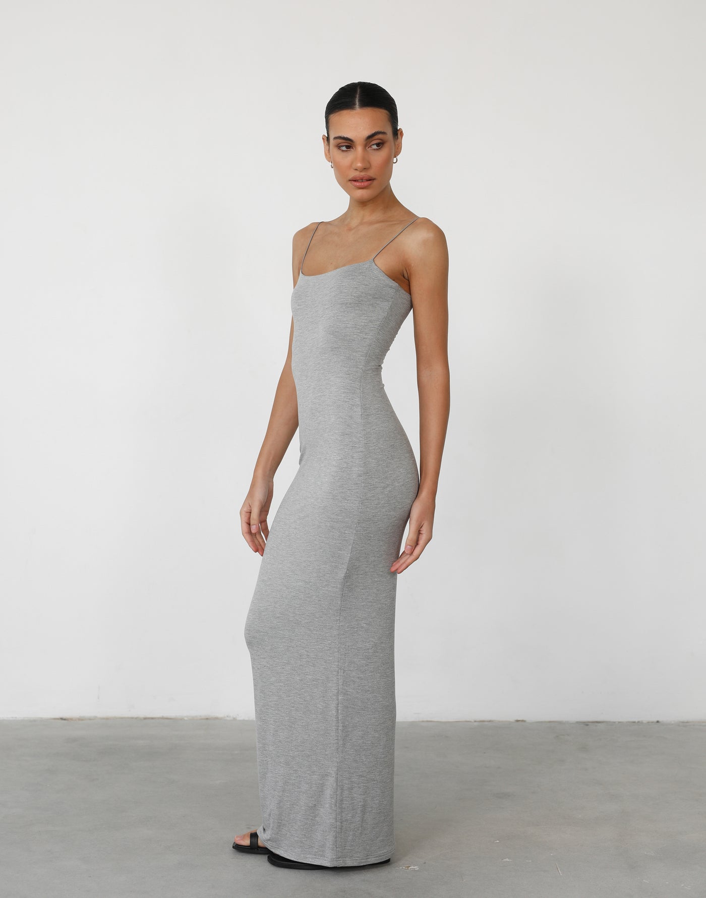 Tammy Maxi Dress (Grey Marle) - Spaghetti Strap Bodycon Basic Maxi Dress - Women's Dress - Charcoal Clothing