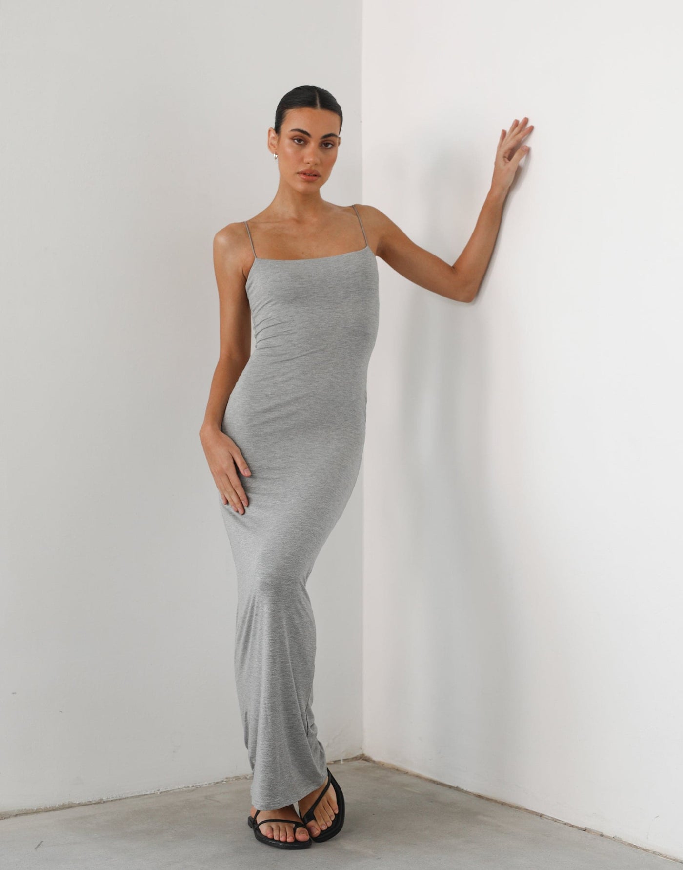 Tammy Maxi Dress (Grey Marle) - Spaghetti Strap Bodycon Basic Maxi Dress - Women's Dress - Charcoal Clothing